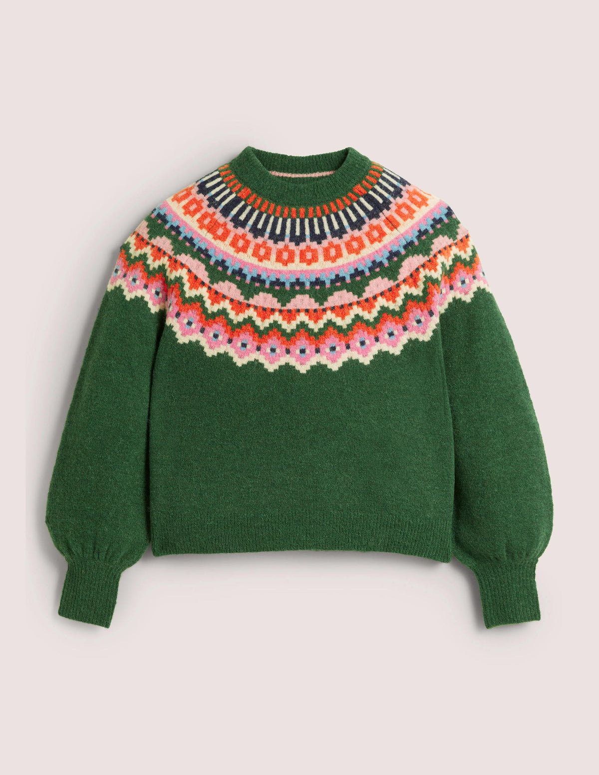 Blouson Sleeve Fluffy Sweater-Hunter Green, Fair Isle - Image 8