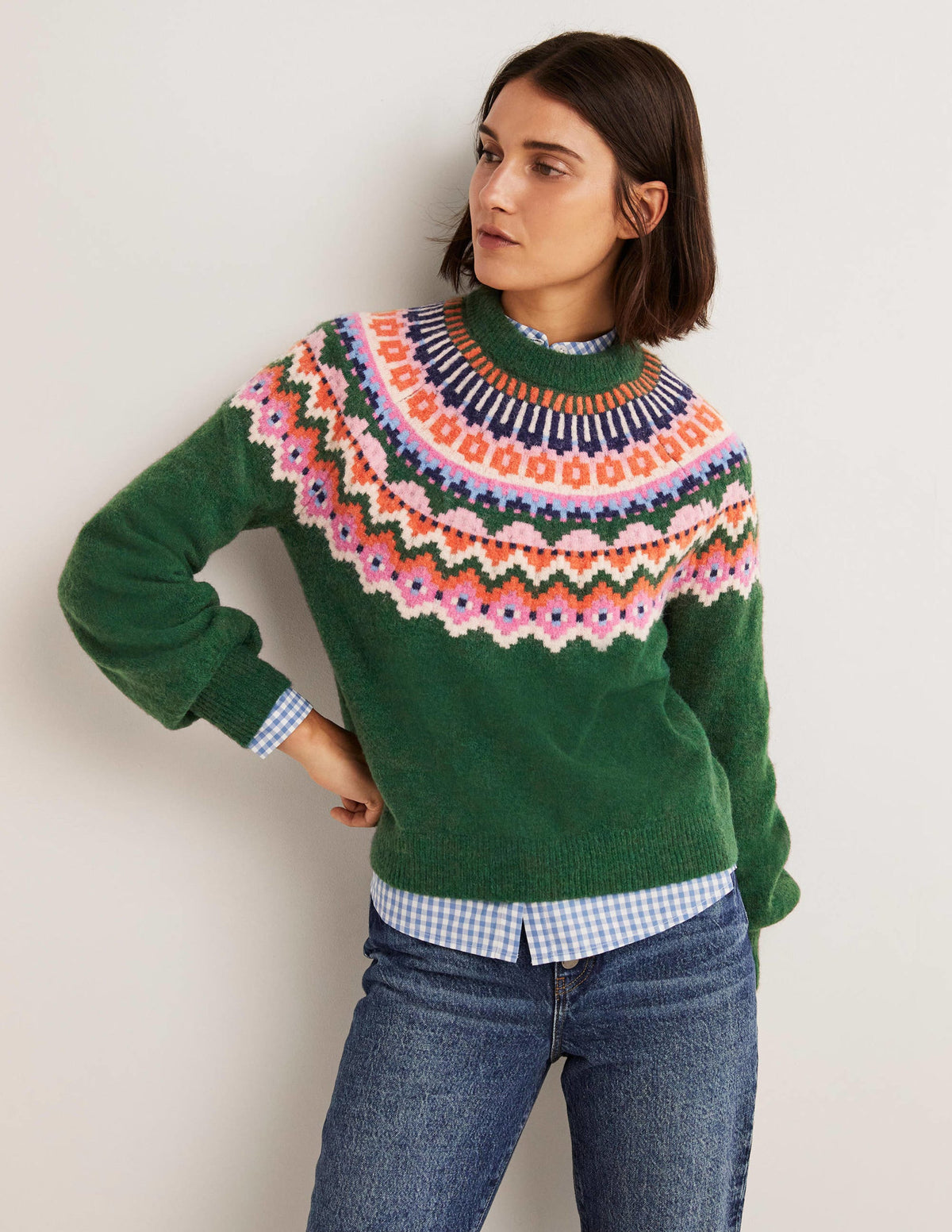 Blouson Sleeve Fluffy Sweater-Hunter Green, Fair Isle-1