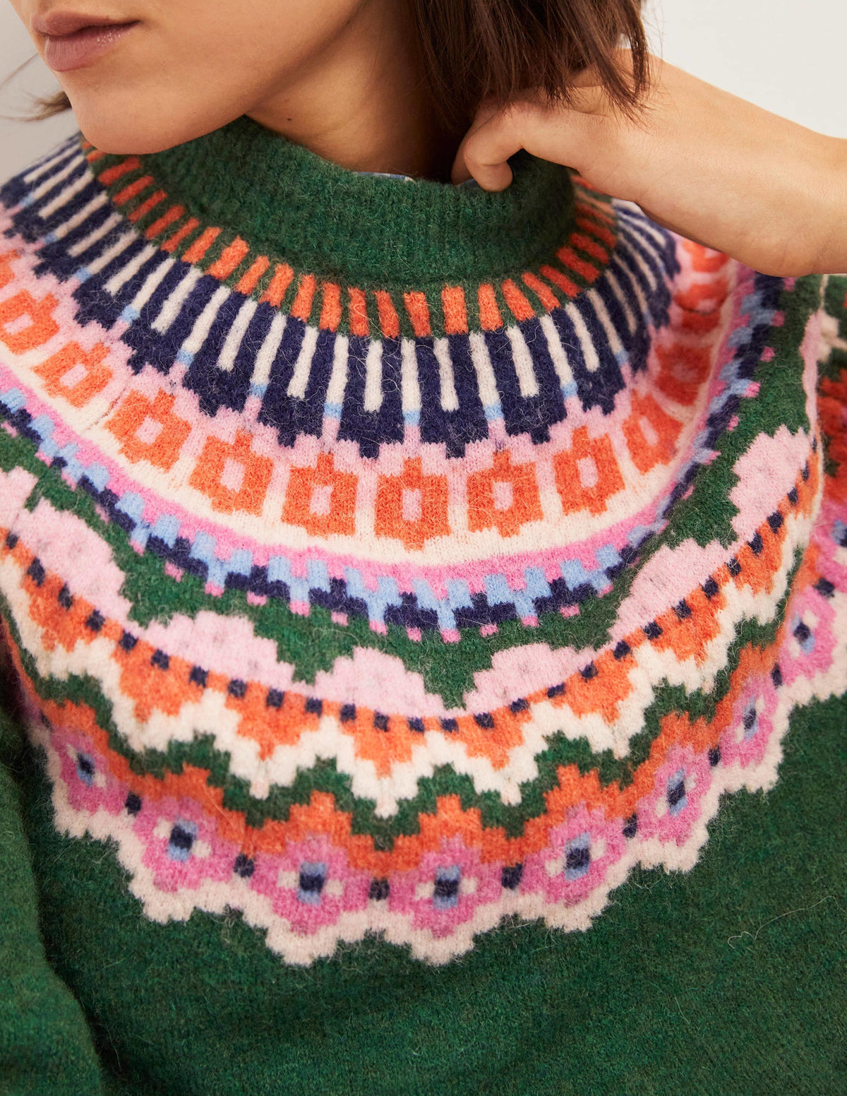 Blouson Sleeve Fluffy Sweater-Hunter Green, Fair Isle - Image 2