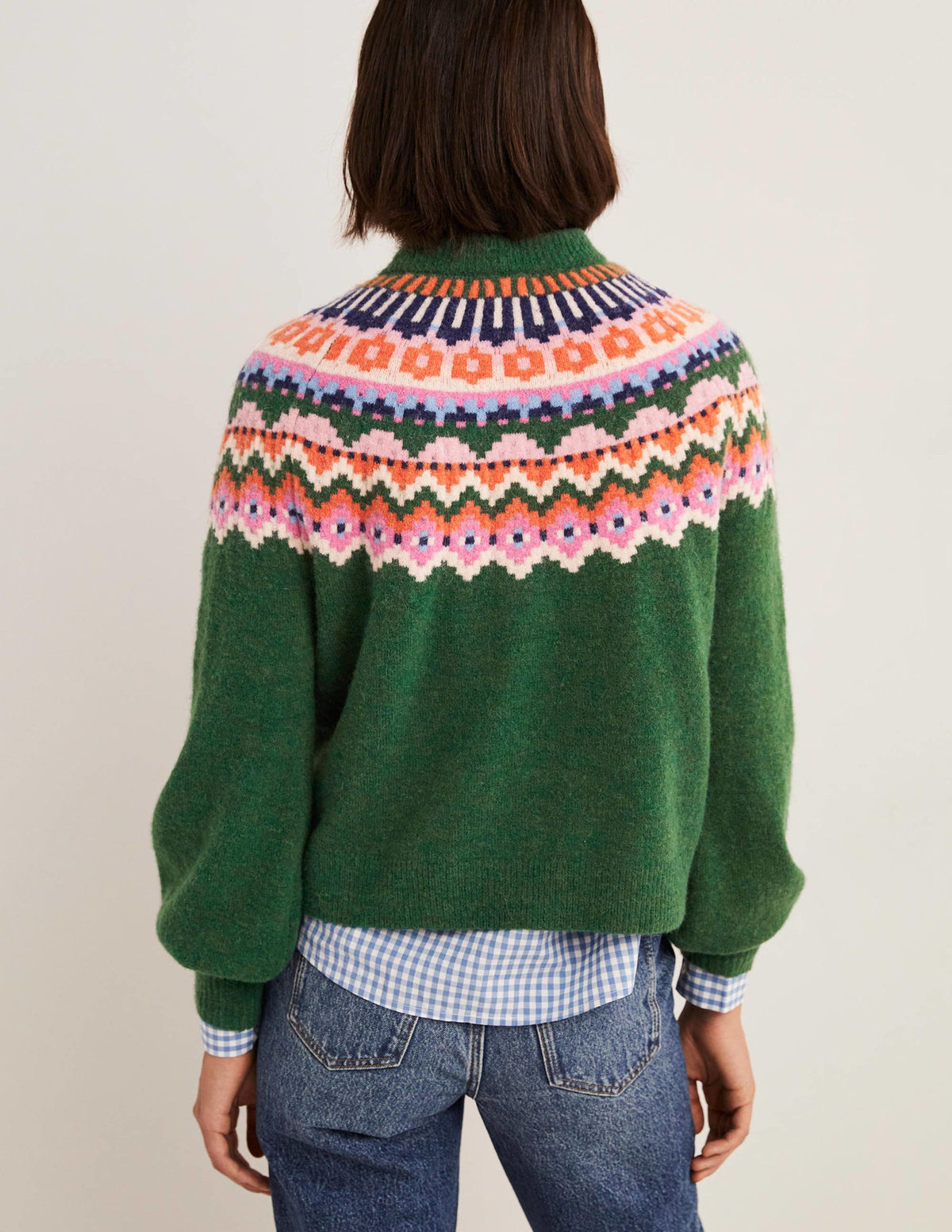 Blouson Sleeve Fluffy Sweater-Hunter Green, Fair Isle - Image 3