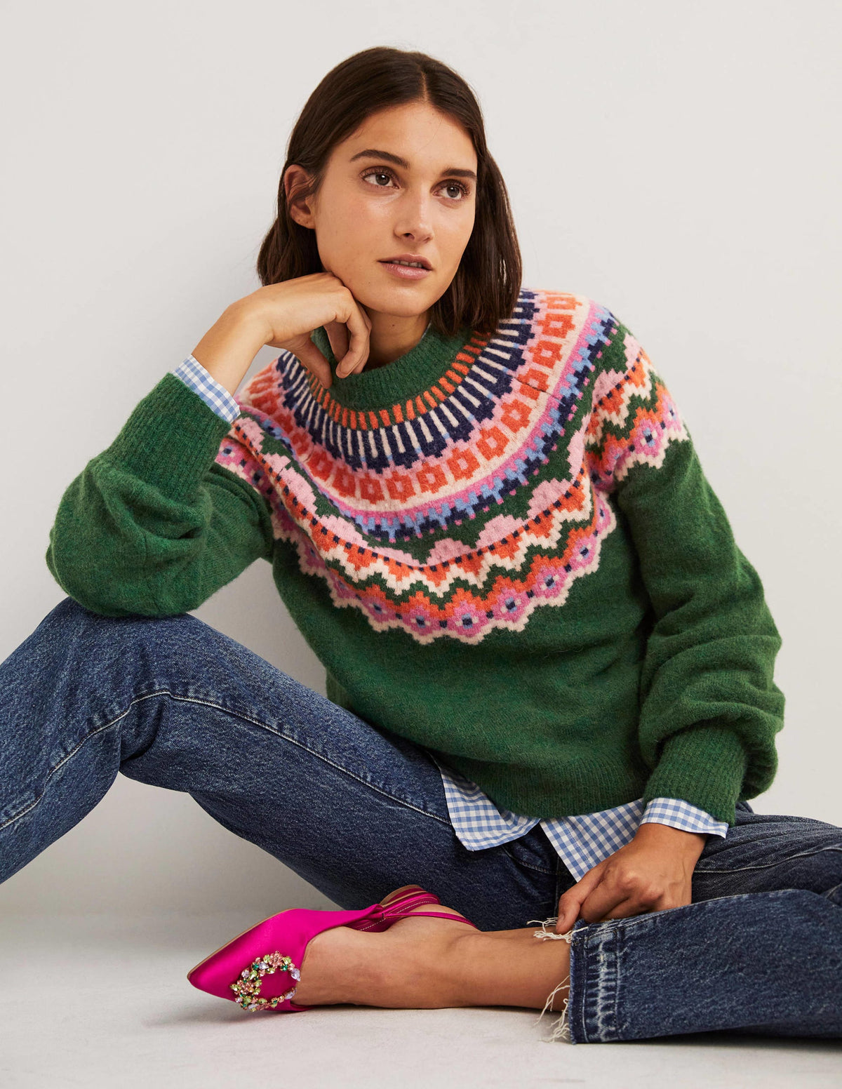 Blouson Sleeve Fluffy Sweater-Hunter Green, Fair Isle - Image 4