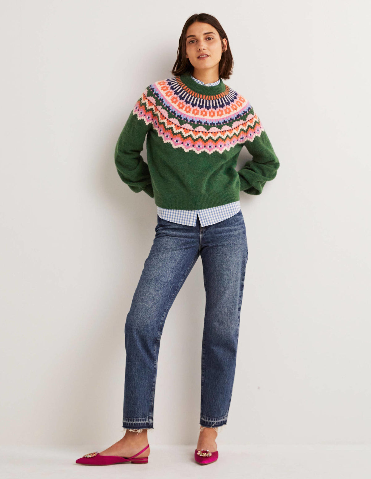 Blouson Sleeve Fluffy Sweater-Hunter Green, Fair Isle-5