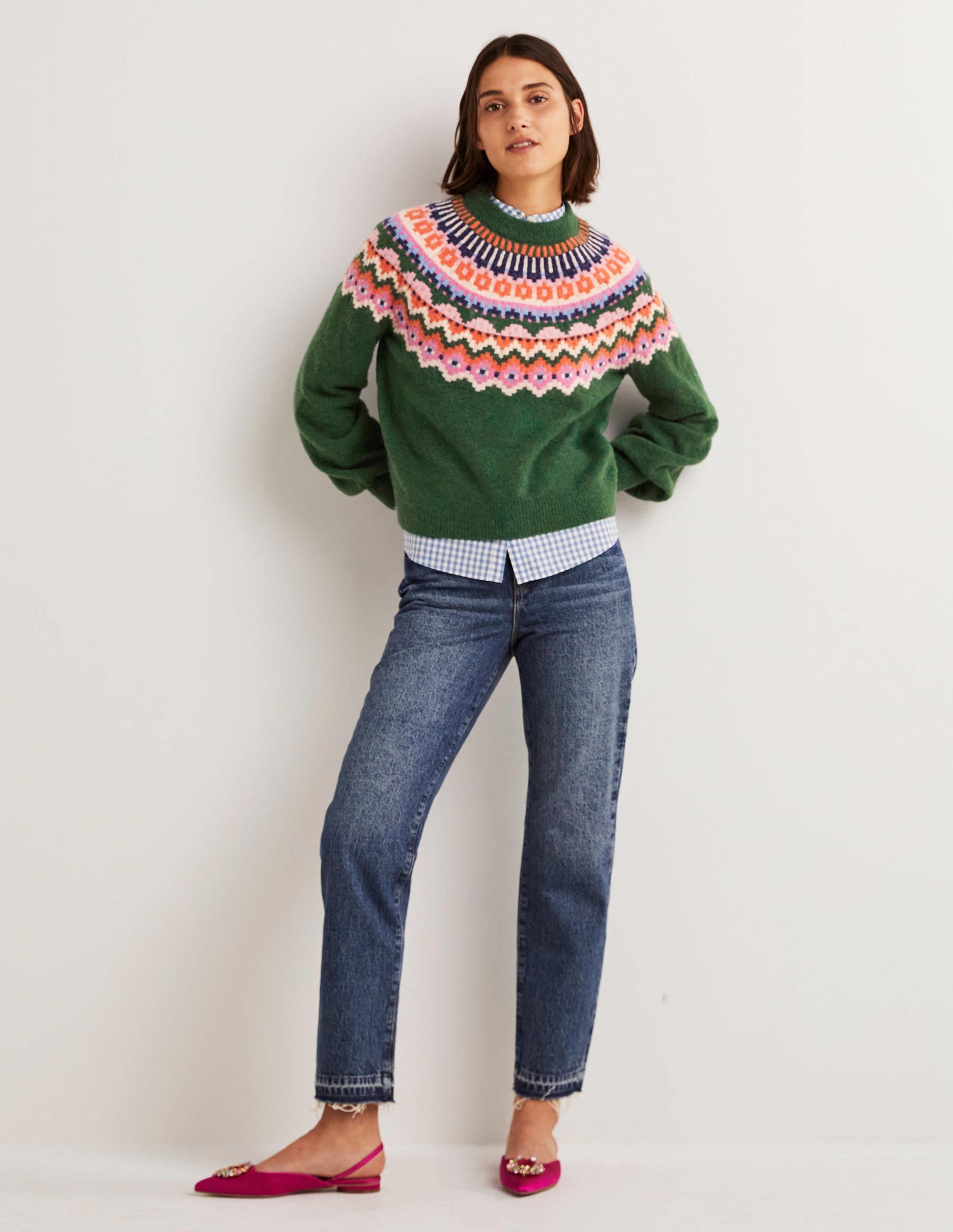 Blouson Sleeve Fluffy Sweater-Hunter Green, Fair Isle - Image 5