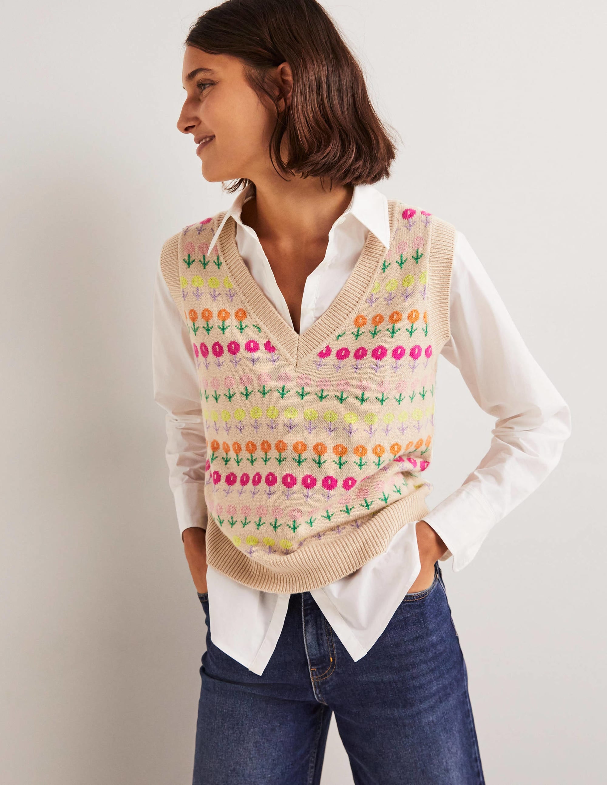 V-neck Knitted Sweater Vest-Chinchilla Melange, Floral - Image 1