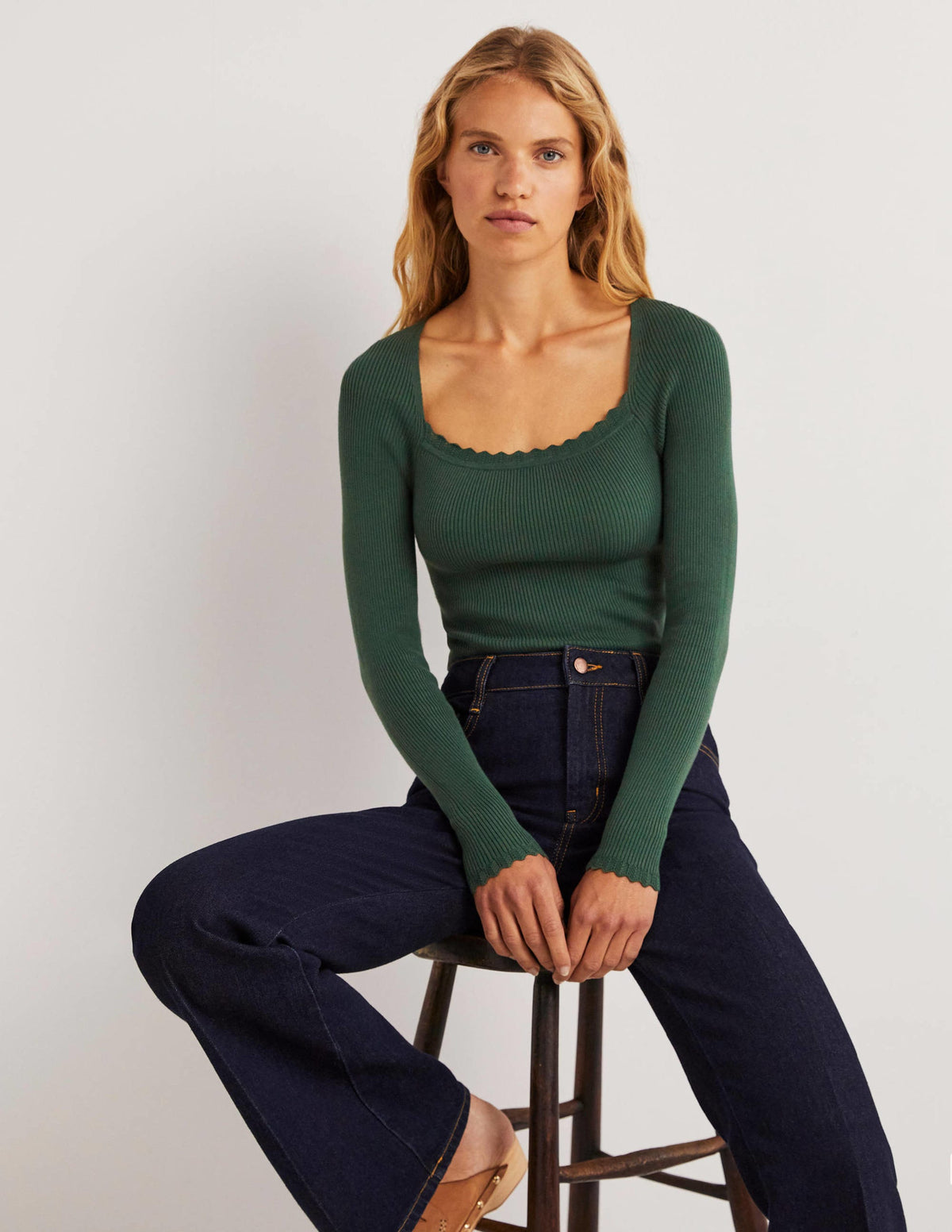 Ribbed Square Neck Knitted Top-Trekking Green-1