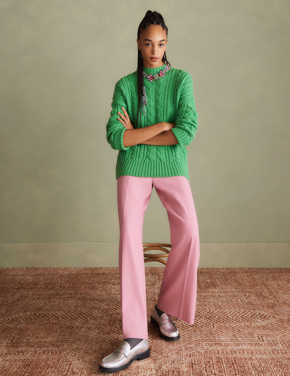 Cable Knit Sweater-Iguana Green-5