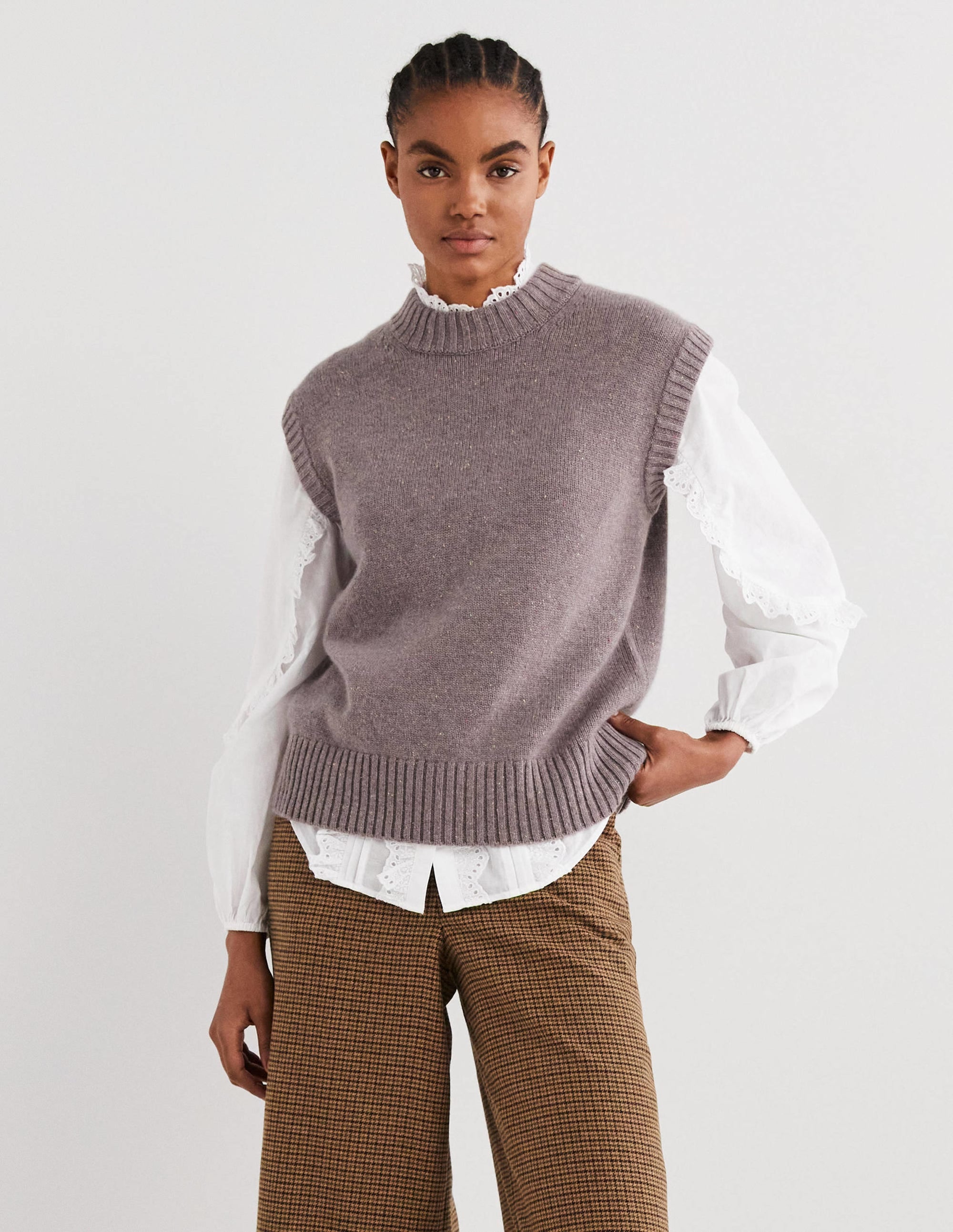 Chunky Cashmere Crew Neck Vest-Grey, Multi Nep - Image 1