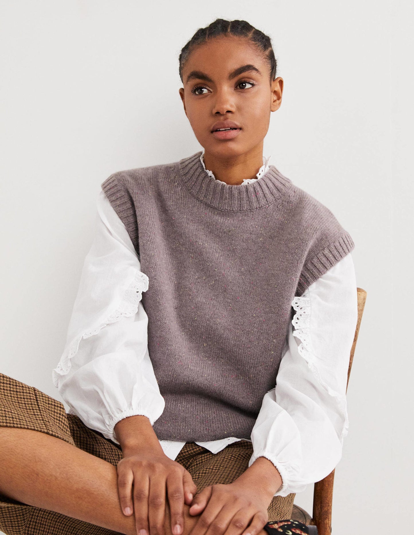 Chunky Cashmere Crew Neck Vest-Grey, Multi Nep