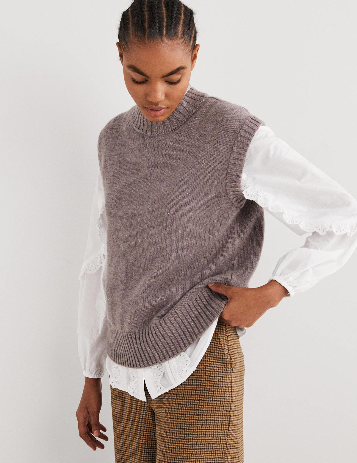 Chunky Cashmere Crew Neck Vest-Grey, Multi Nep - Image 5