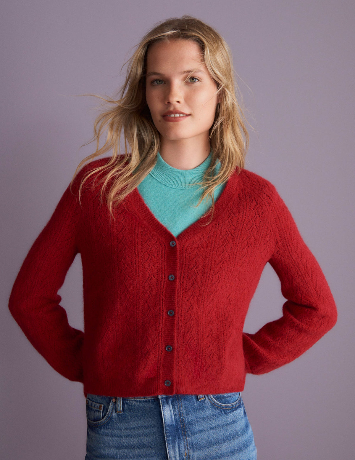 Fluffy Pointelle Cardigan-Ruby Red-5