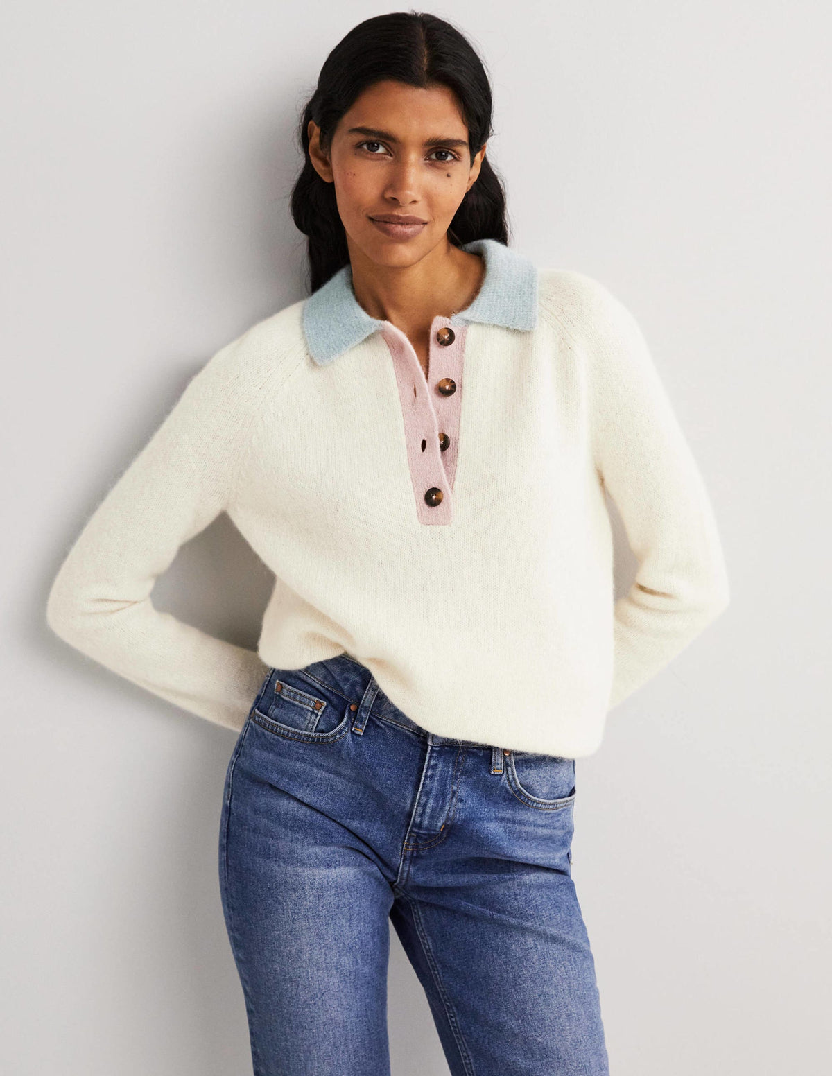 Fluffy Henley Sweater-Ivory, Surf - Image 1