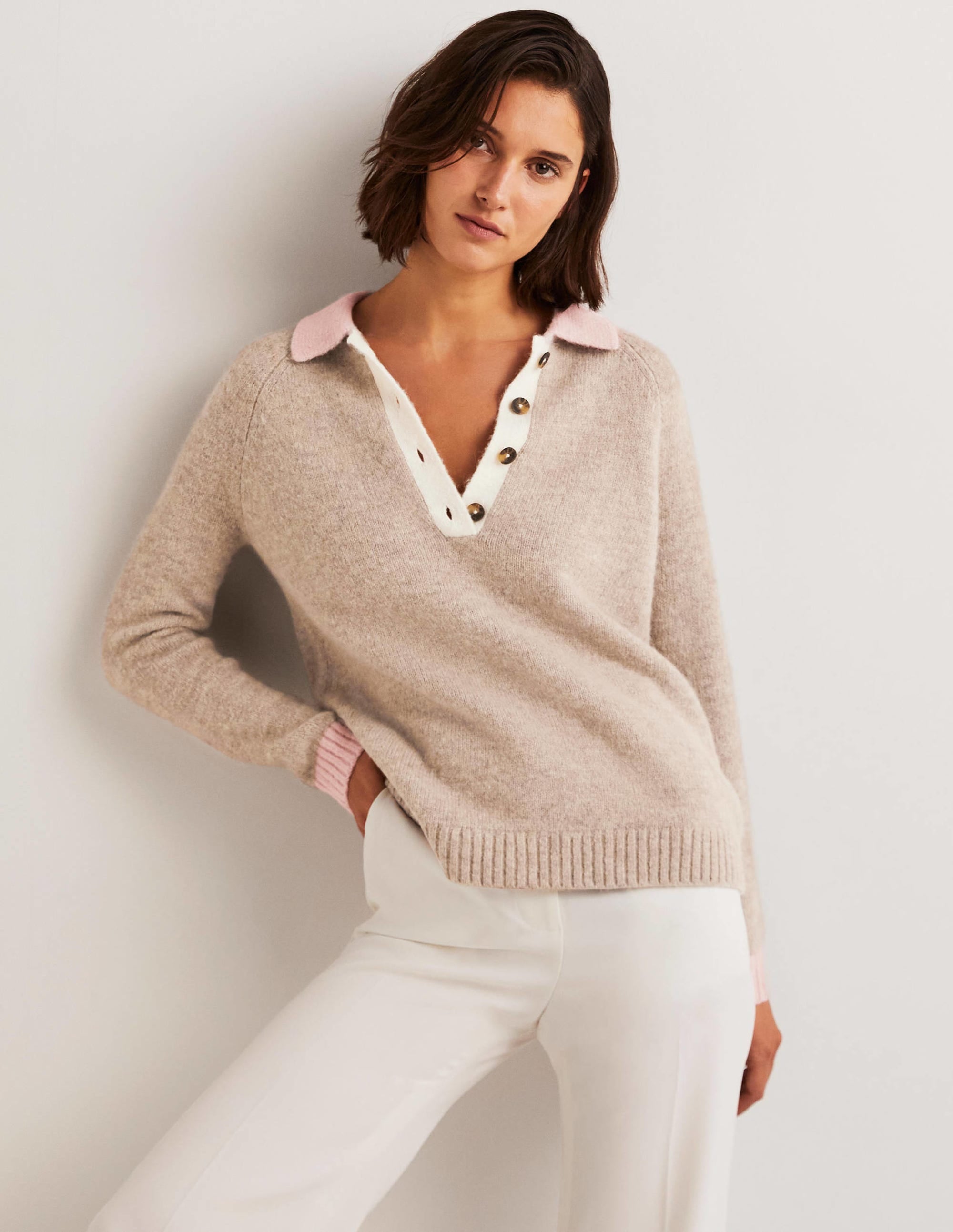 Fluffy Henley Sweater-Mink Melange, Pink Frosting - Image 1