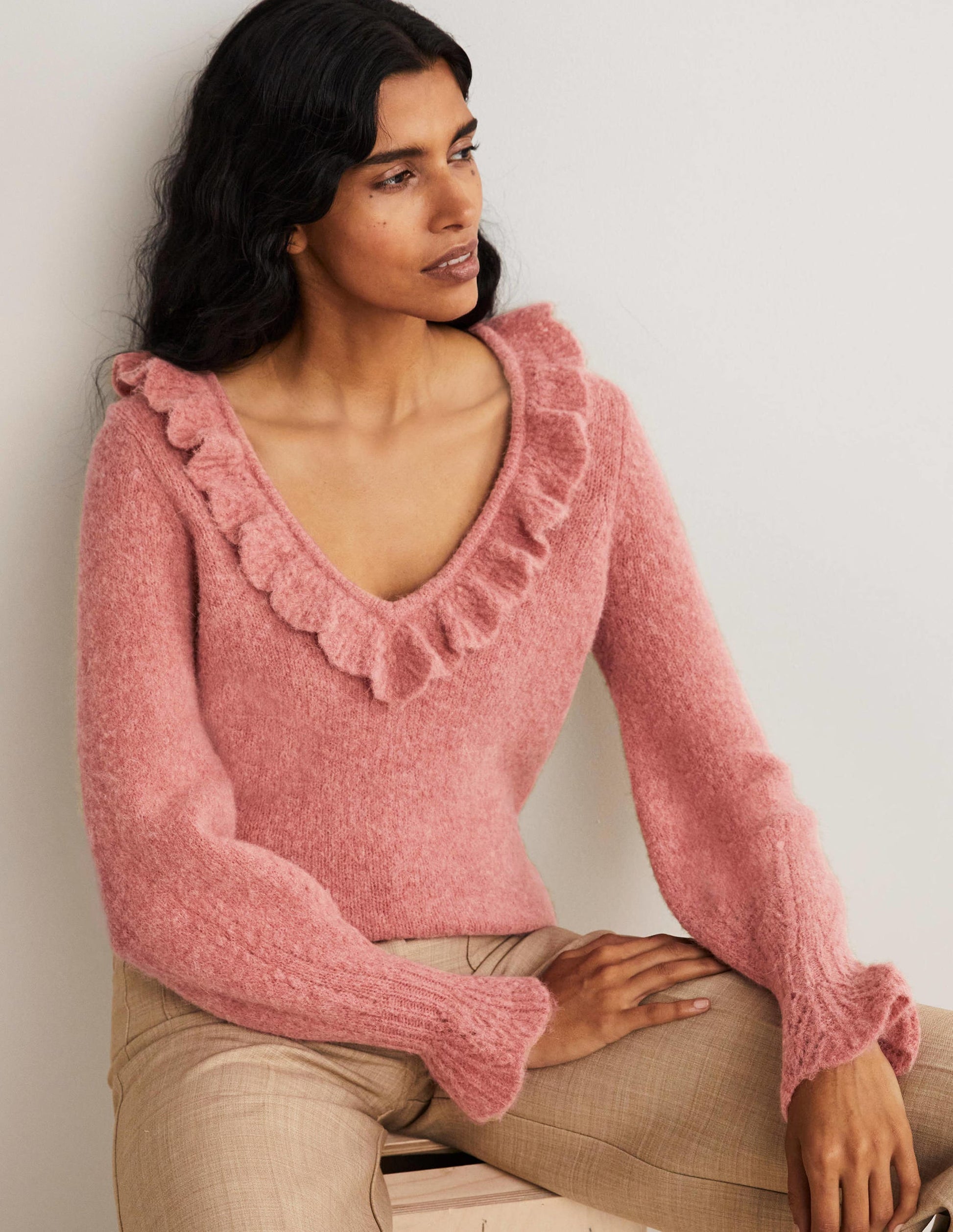 Fluffy Frill Sweater-Dusty Red Melange-4