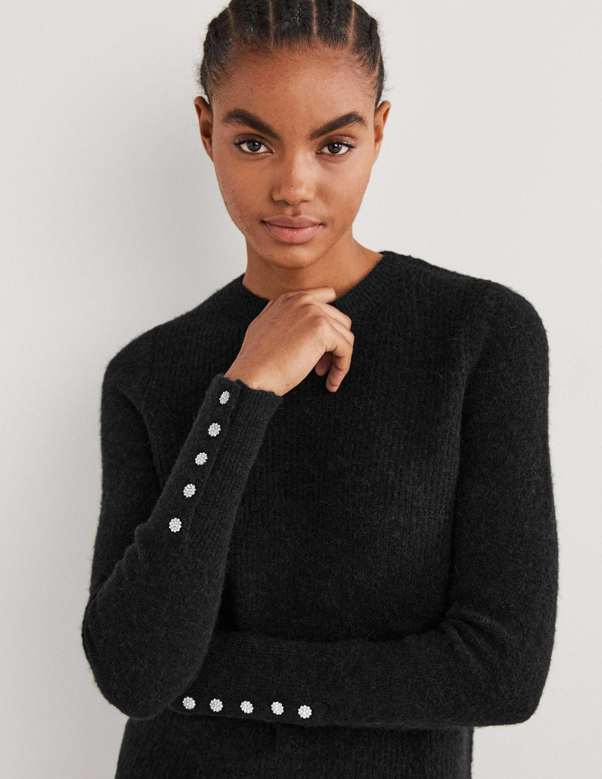 Black Jewel Button Fluffy Sweater-Black - Image 1