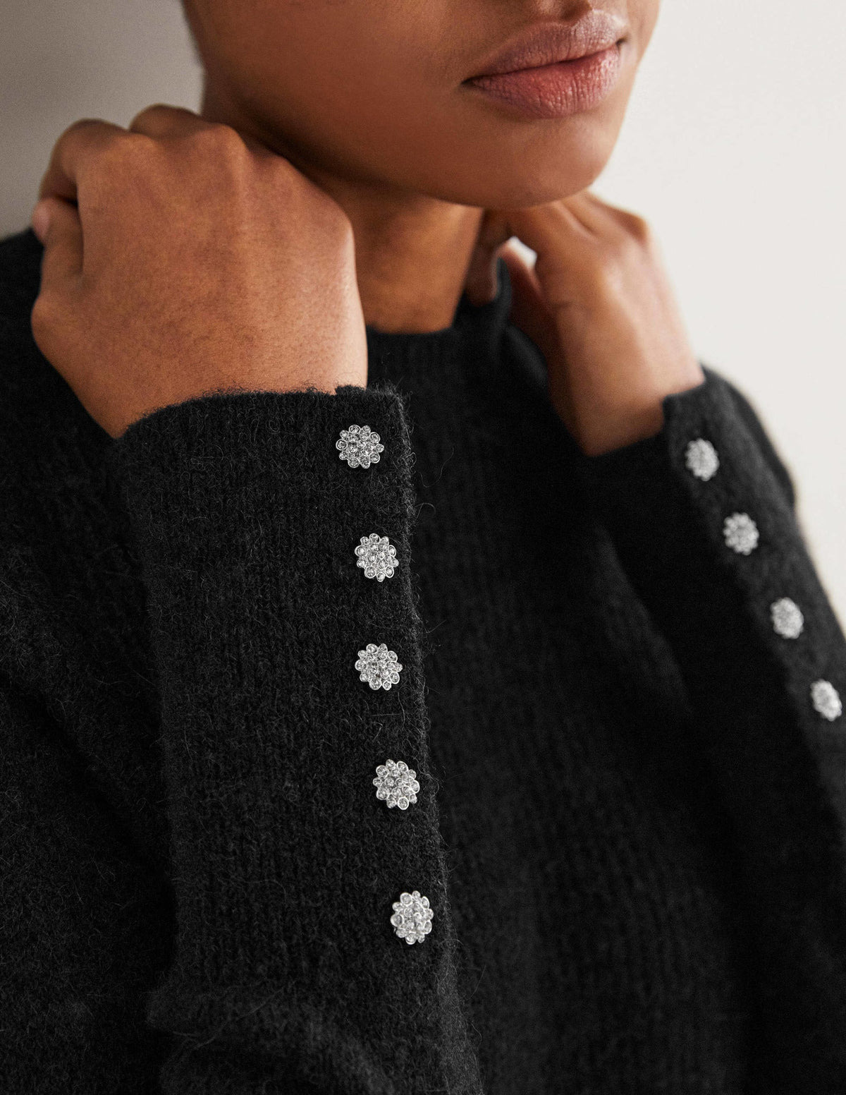 Black Jewel Button Fluffy Sweater-Black - Image 2