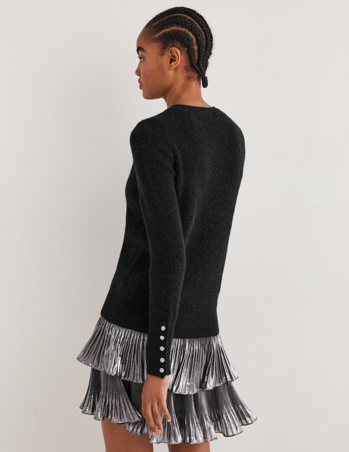 Black Jewel Button Fluffy Sweater-Black - Image 3