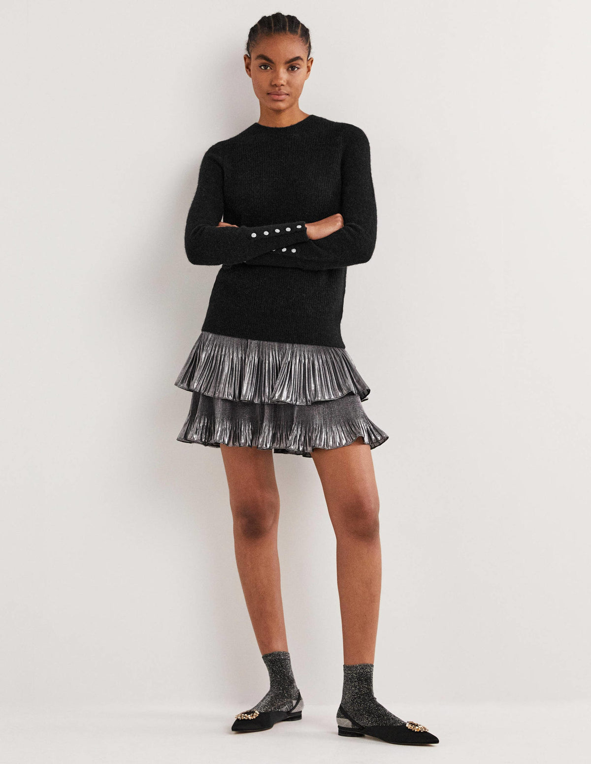 Black Jewel Button Fluffy Sweater-Black-4