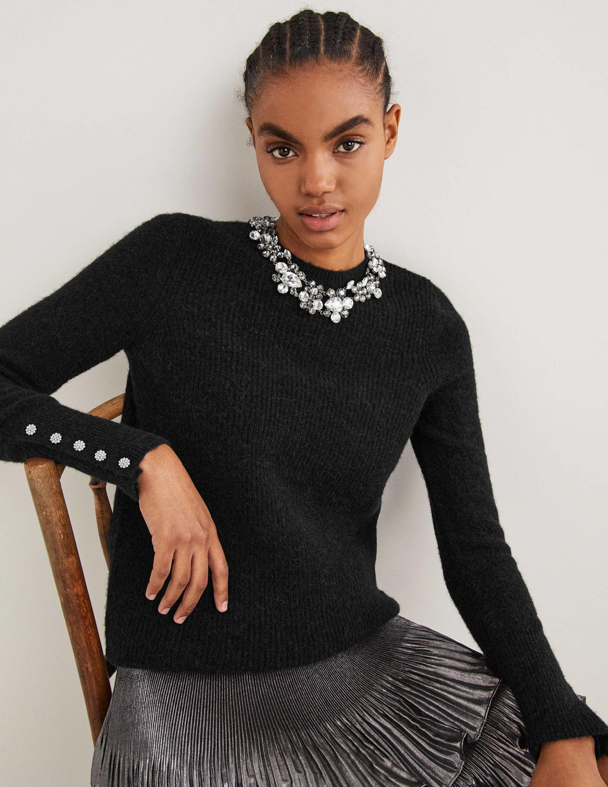 Black Jewel Button Fluffy Sweater-Black-5