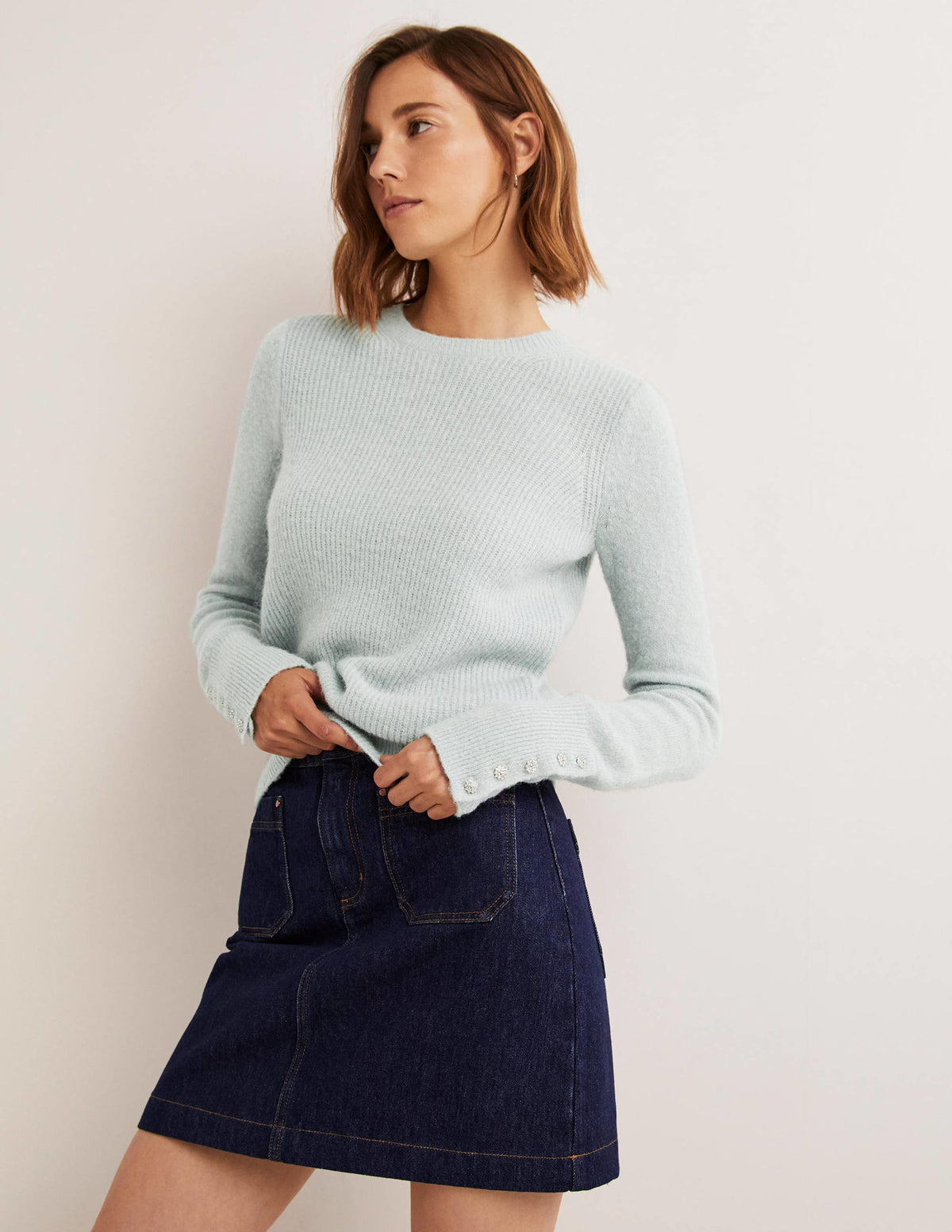 Jewel Button Fluffy Sweater-Surf Blue-1
