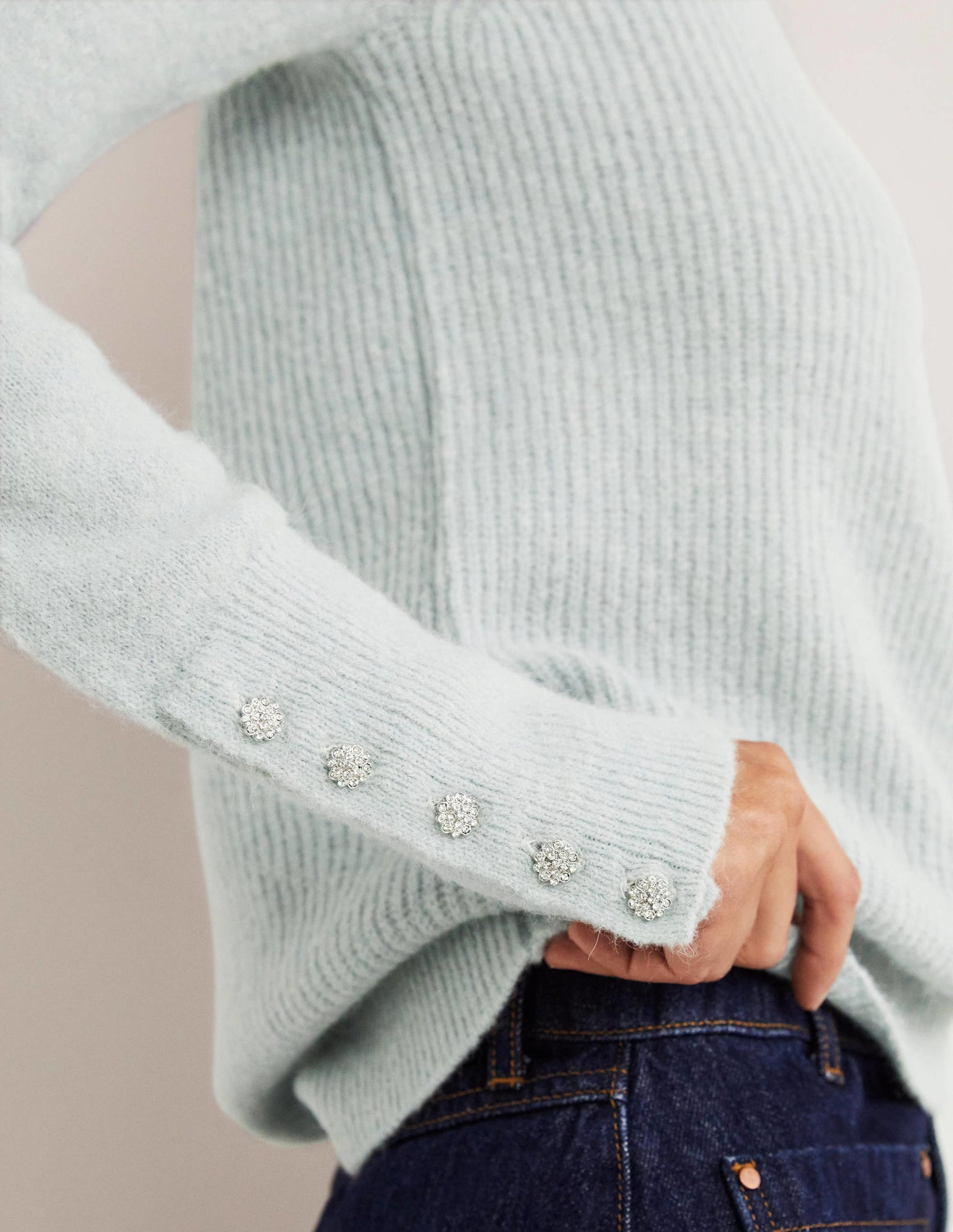 Jewel Button Fluffy Sweater-Surf Blue-2