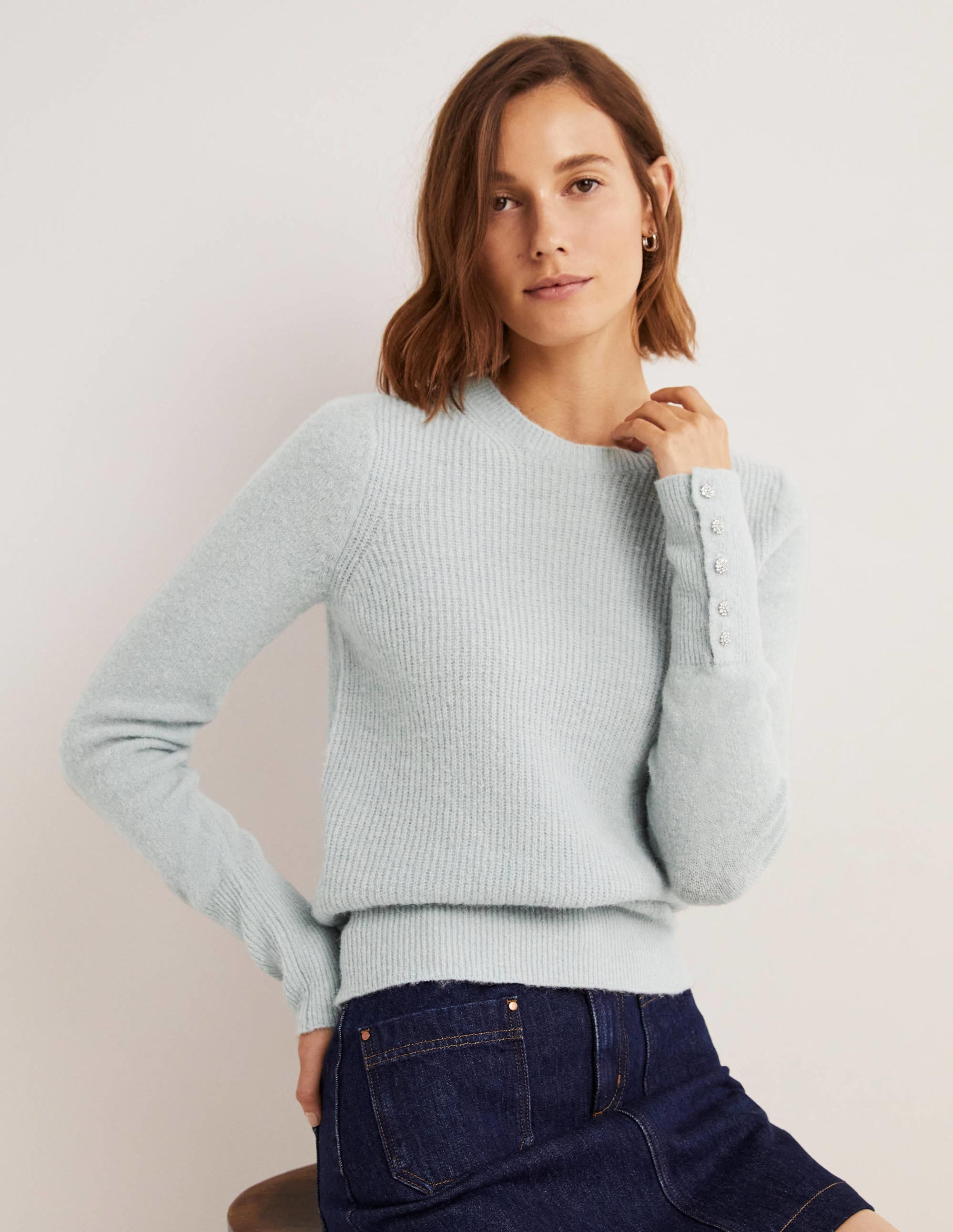 Jewel Button Fluffy Sweater-Surf Blue - Image 4