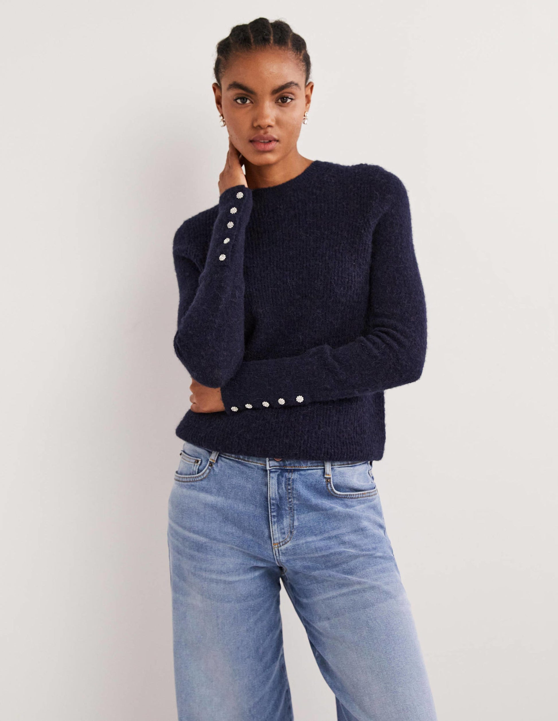 Navy Jewel Button Fluffy Sweater-Navy-1
