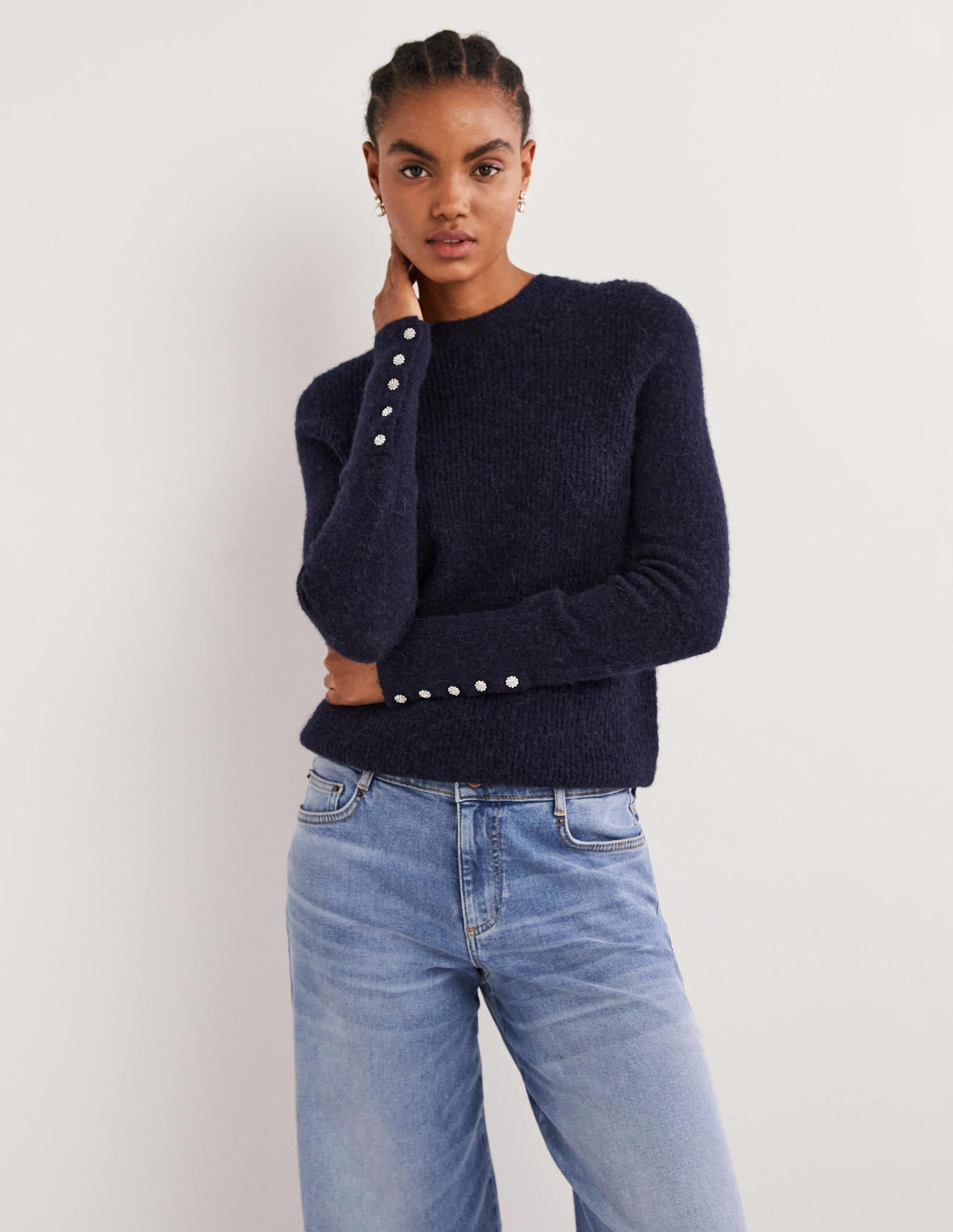 Navy Jewel Button Fluffy Sweater-Navy - Image 1