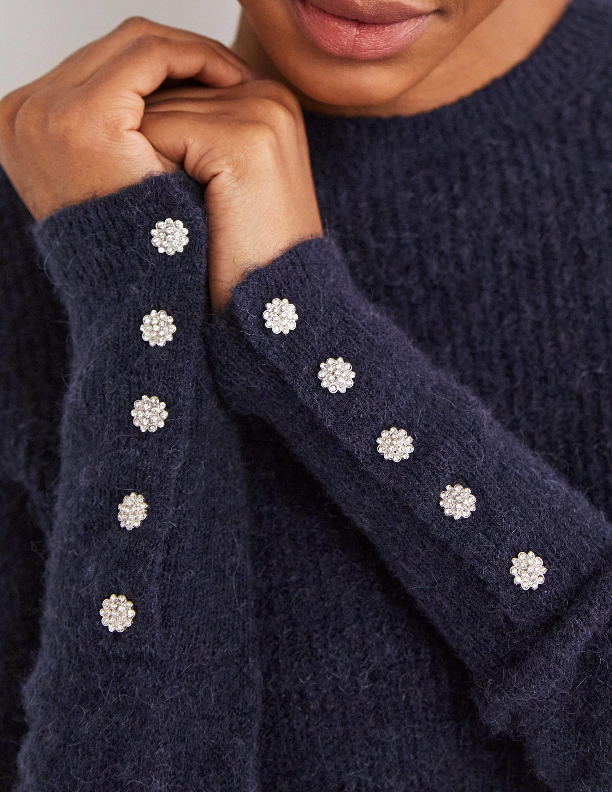 Navy Jewel Button Fluffy Sweater-Navy-2