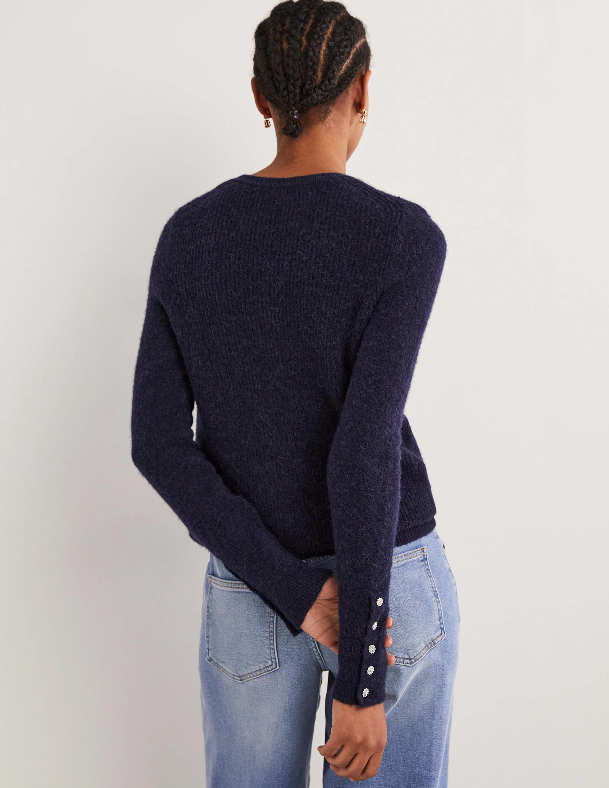 Navy Jewel Button Fluffy Sweater-Navy - Image 3