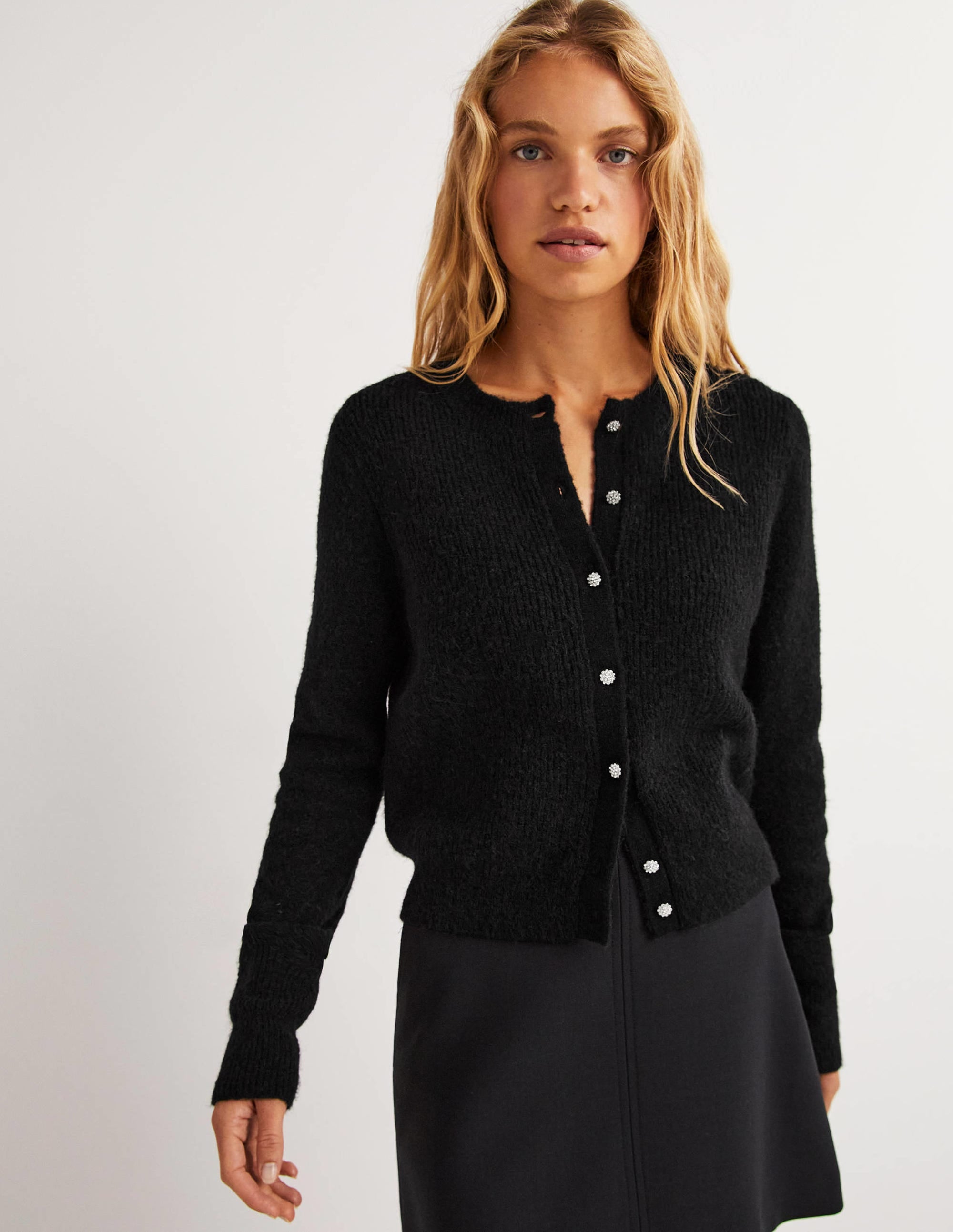Jewel Button Fluffy Cardigan-Black - Image 1