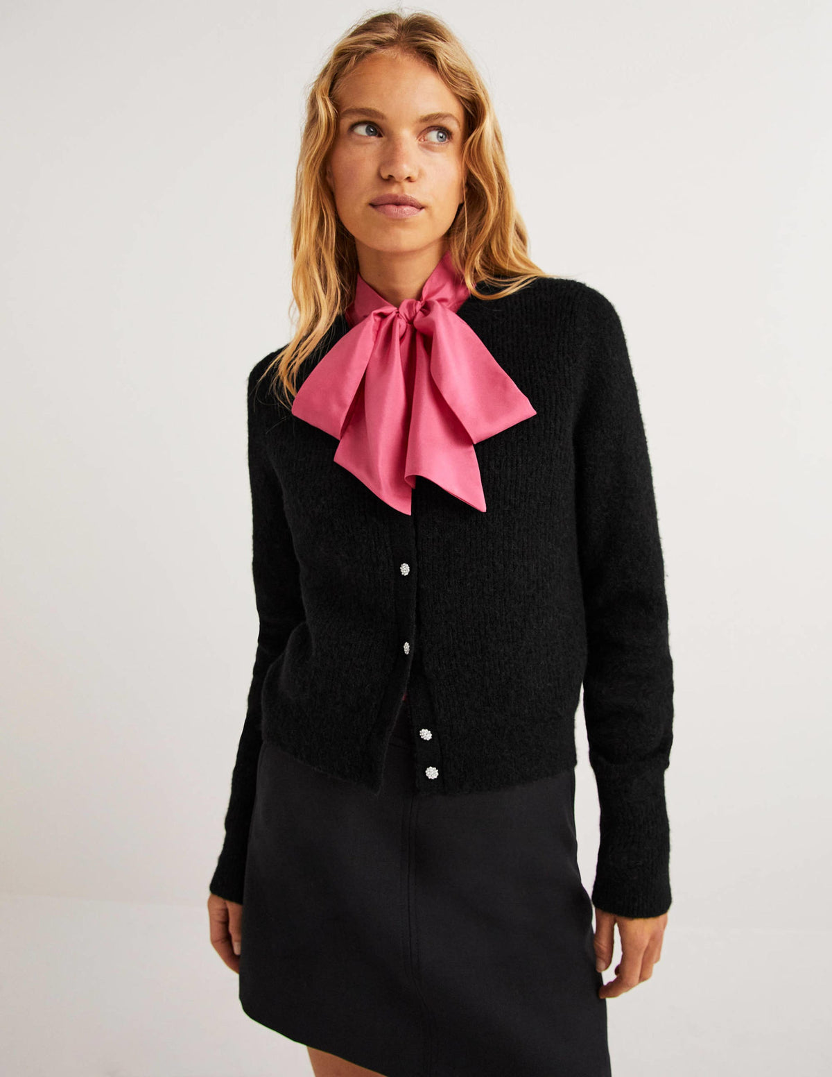 Jewel Button Fluffy Cardigan-Black-2