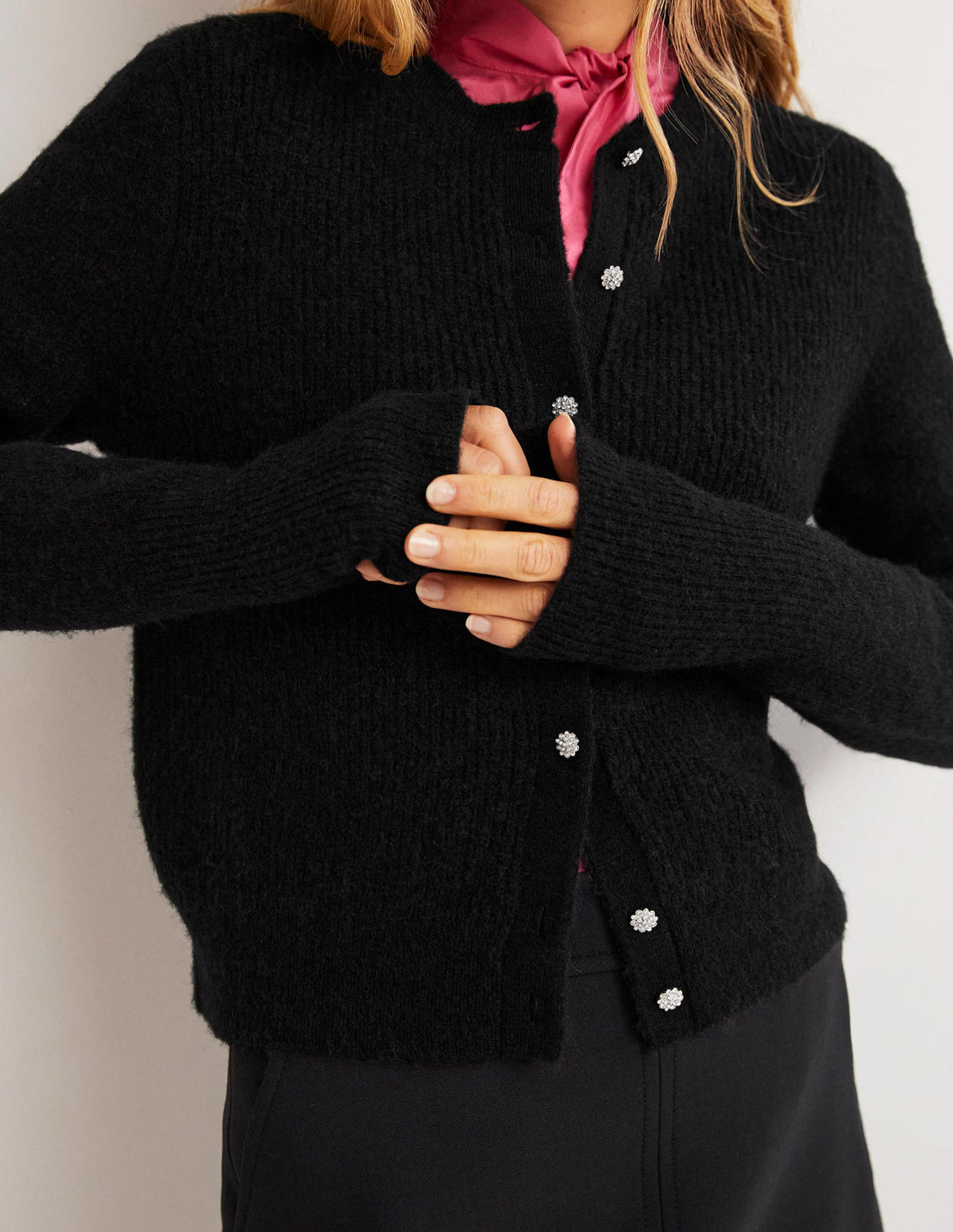 Jewel Button Fluffy Cardigan-Black-3