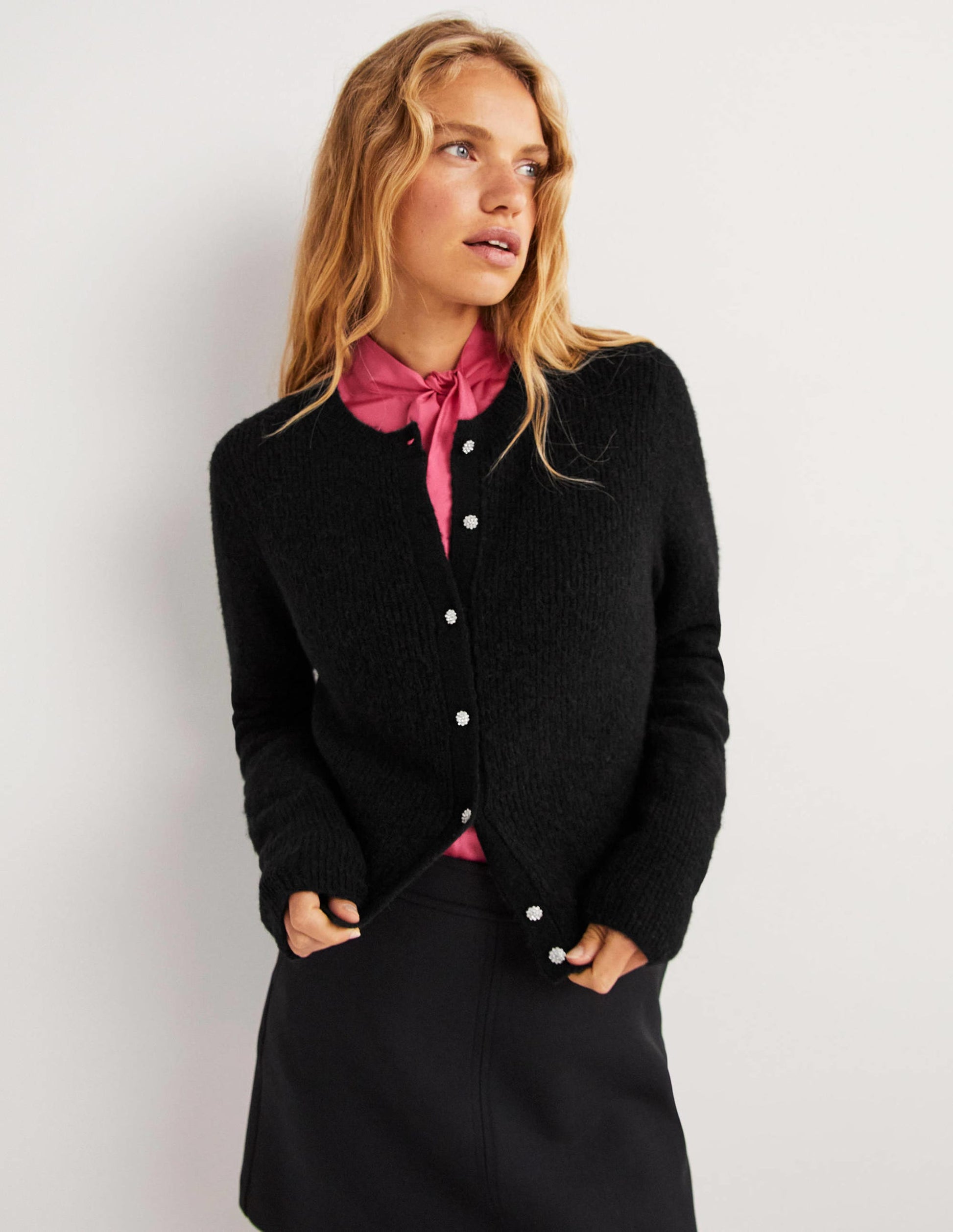 Jewel Button Fluffy Cardigan-Black-5