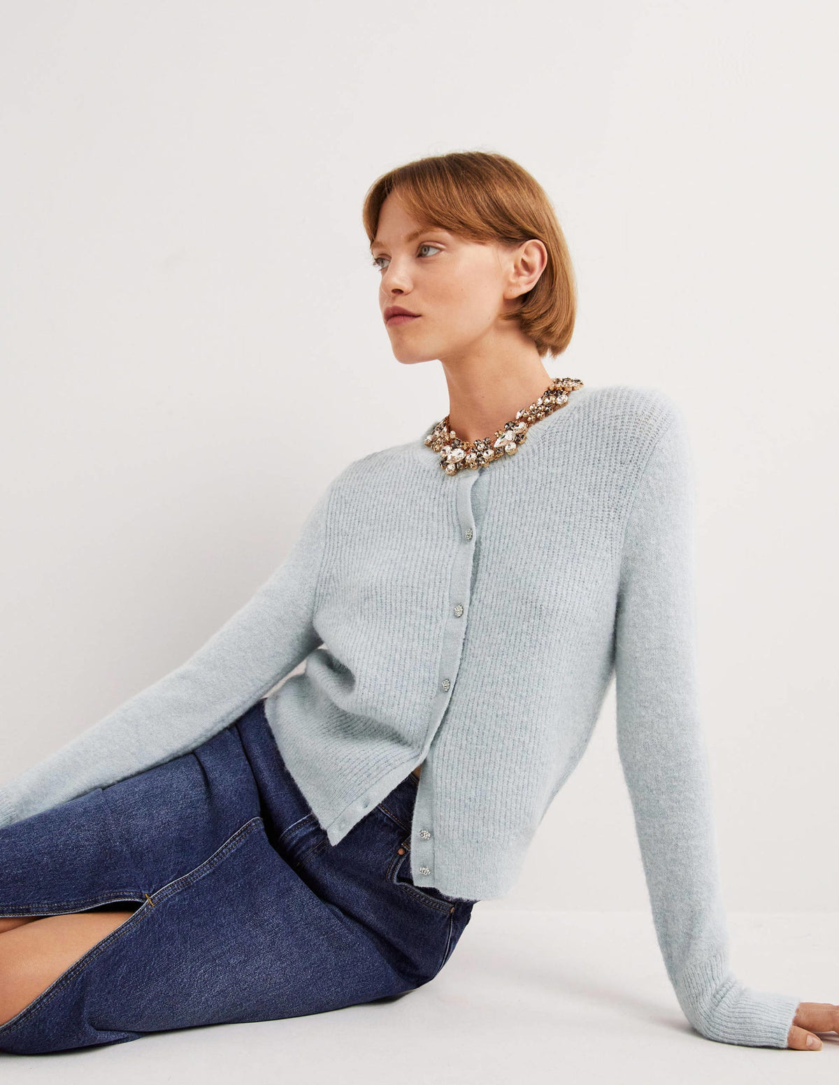 Jewel Button Fluffy Cardigan-Surf Blue - Image 1