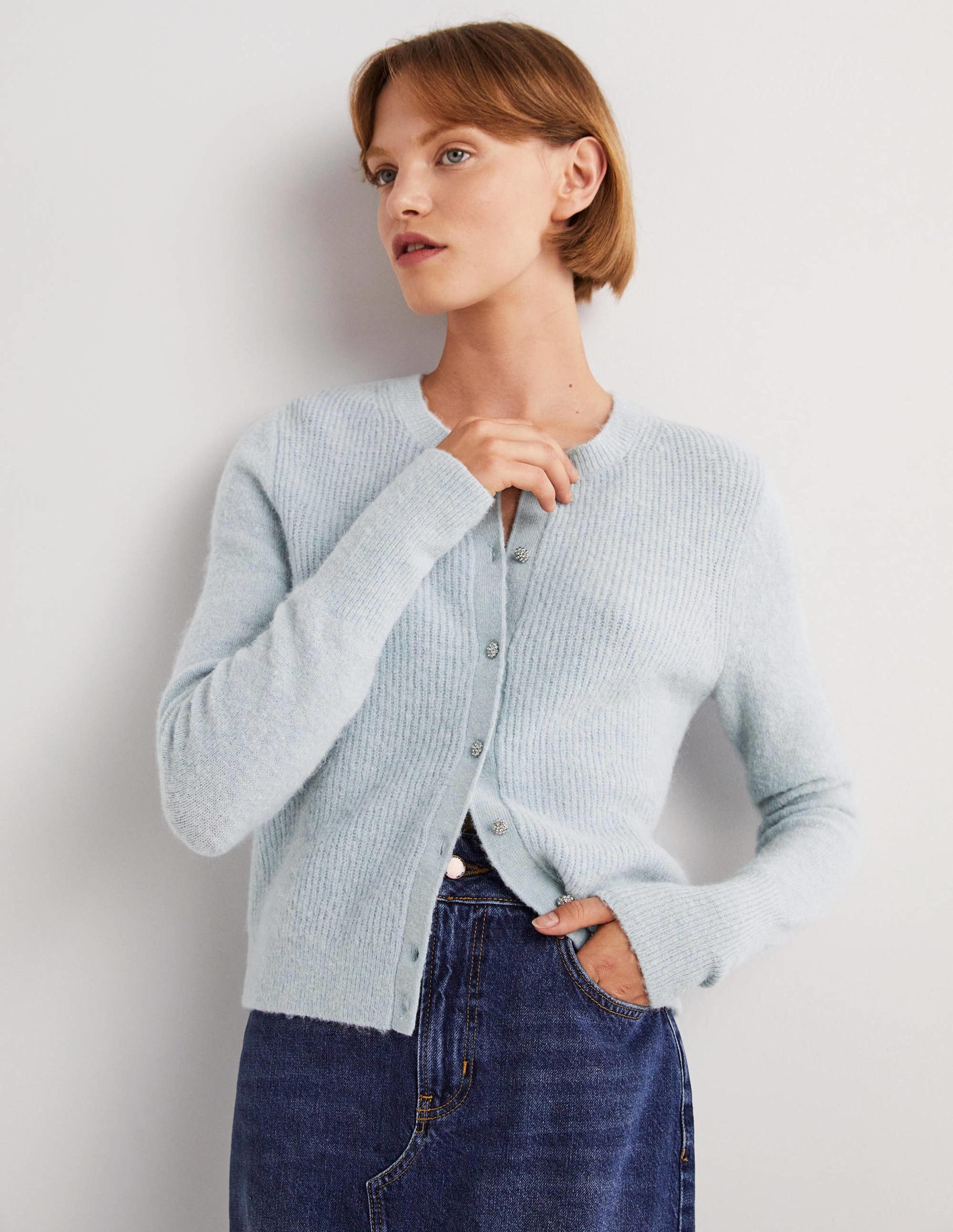 Jewel Button Fluffy Cardigan-Surf Blue - Image 2