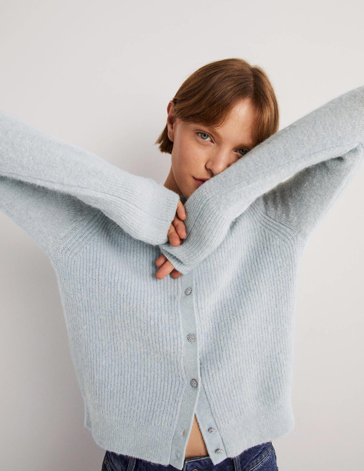 Jewel Button Fluffy Cardigan-Surf Blue-5