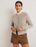 Beige Jewel Button Fluffy Cardigan-Mink Melange