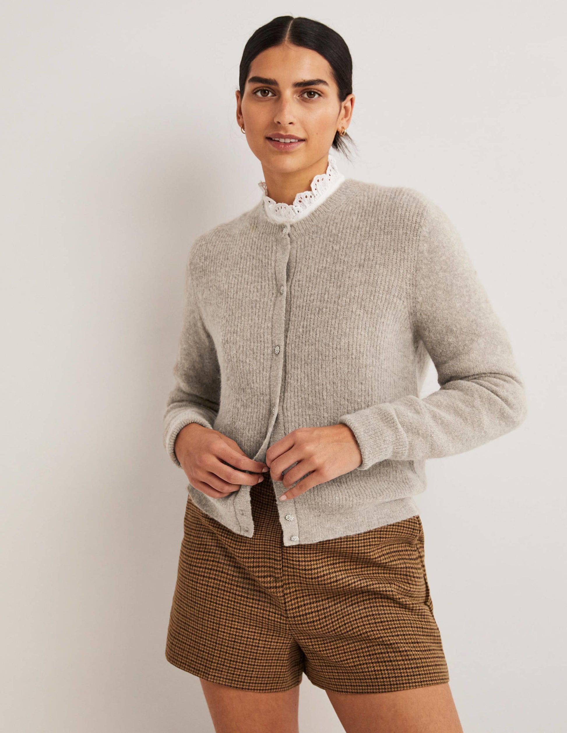 Beige Jewel Button Fluffy Cardigan-Mink Melange-1