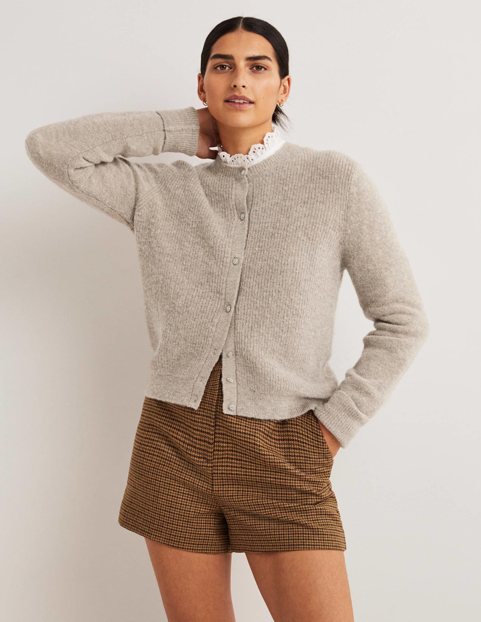 Beige Jewel Button Fluffy Cardigan-Mink Melange-5