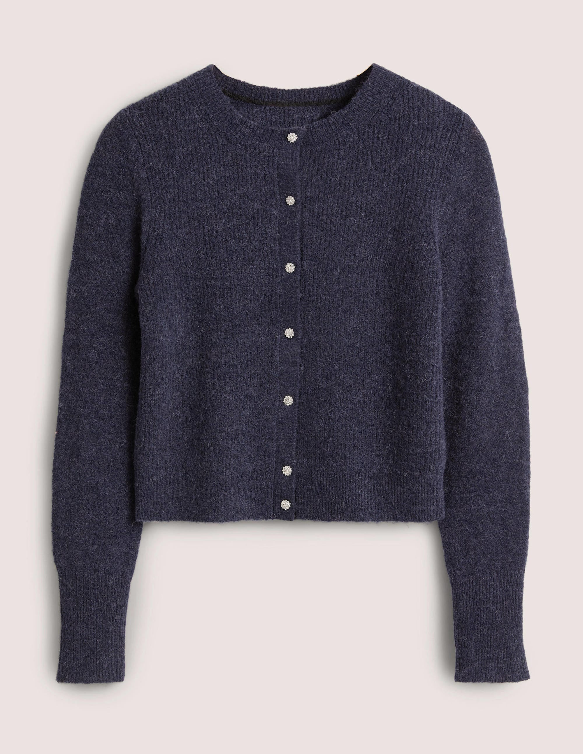 Navy Jewel Button Fluffy Cardigan-Navy - Image 5
