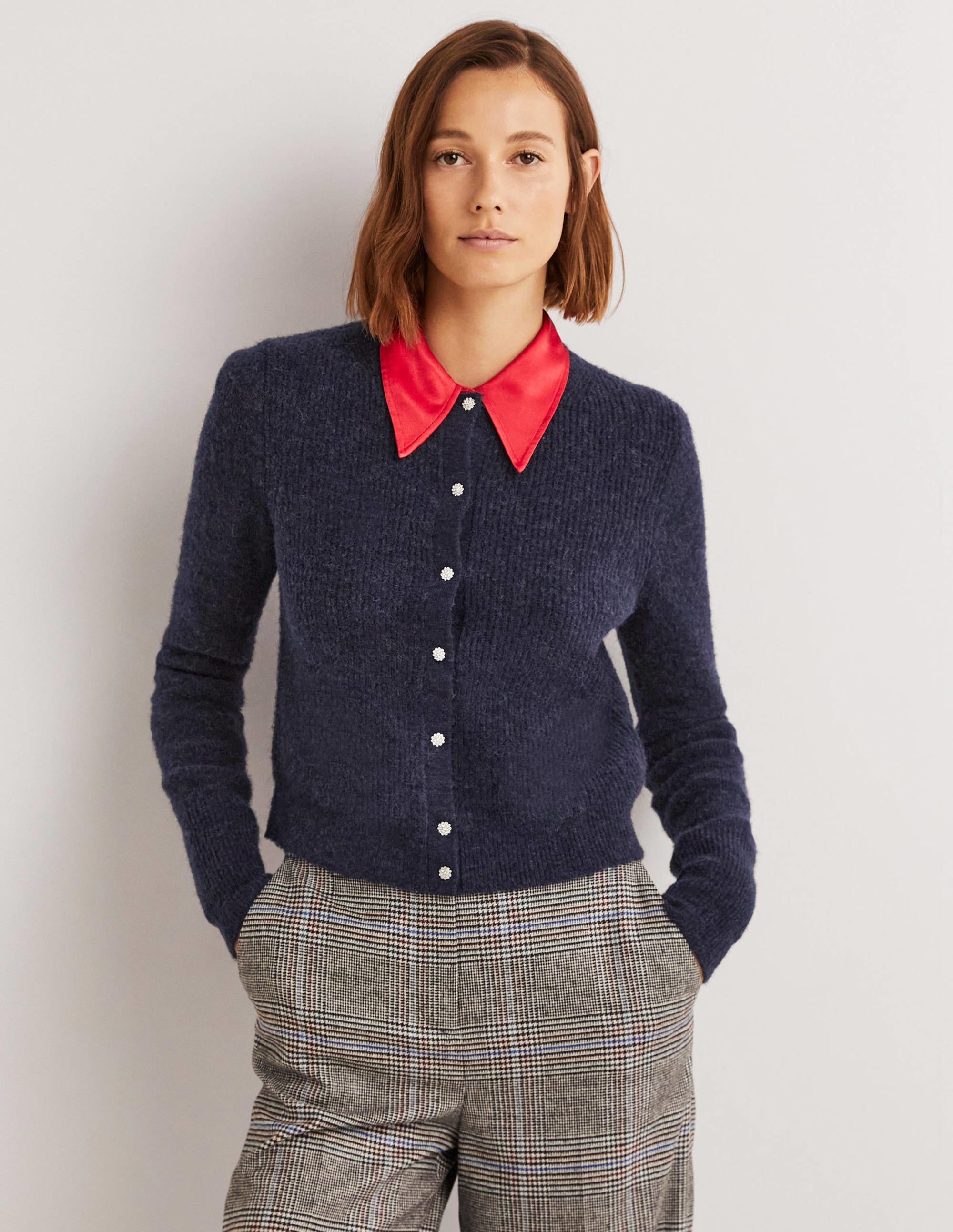 Navy Jewel Button Fluffy Cardigan-Navy - Image 1