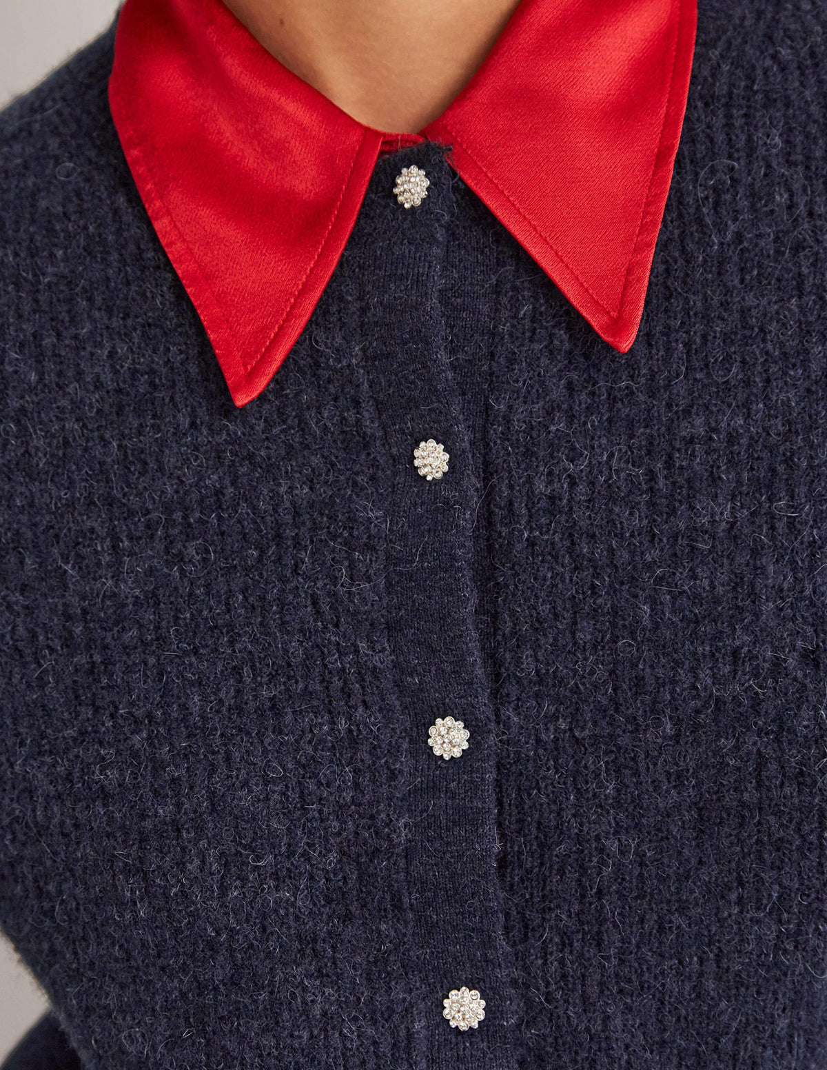 Navy Jewel Button Fluffy Cardigan-Navy - Image 2