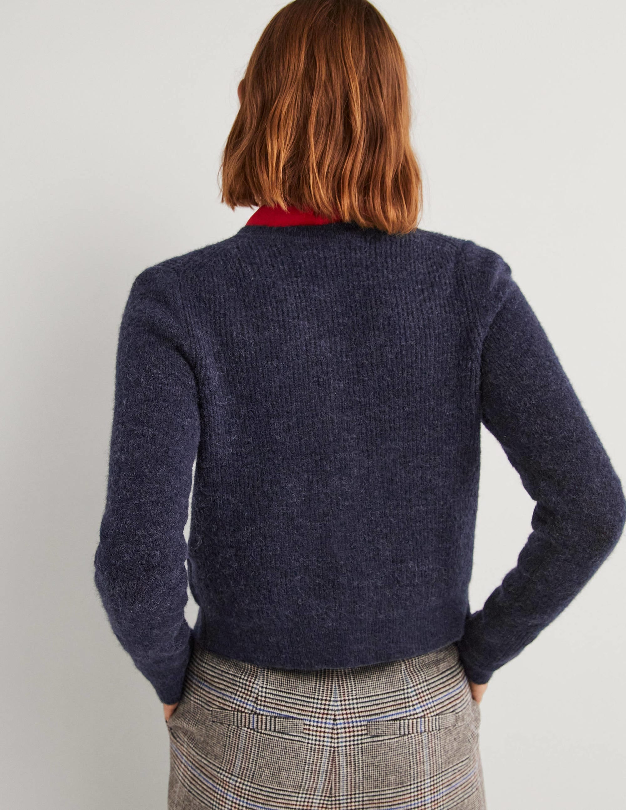 Navy Jewel Button Fluffy Cardigan-Navy - Image 3