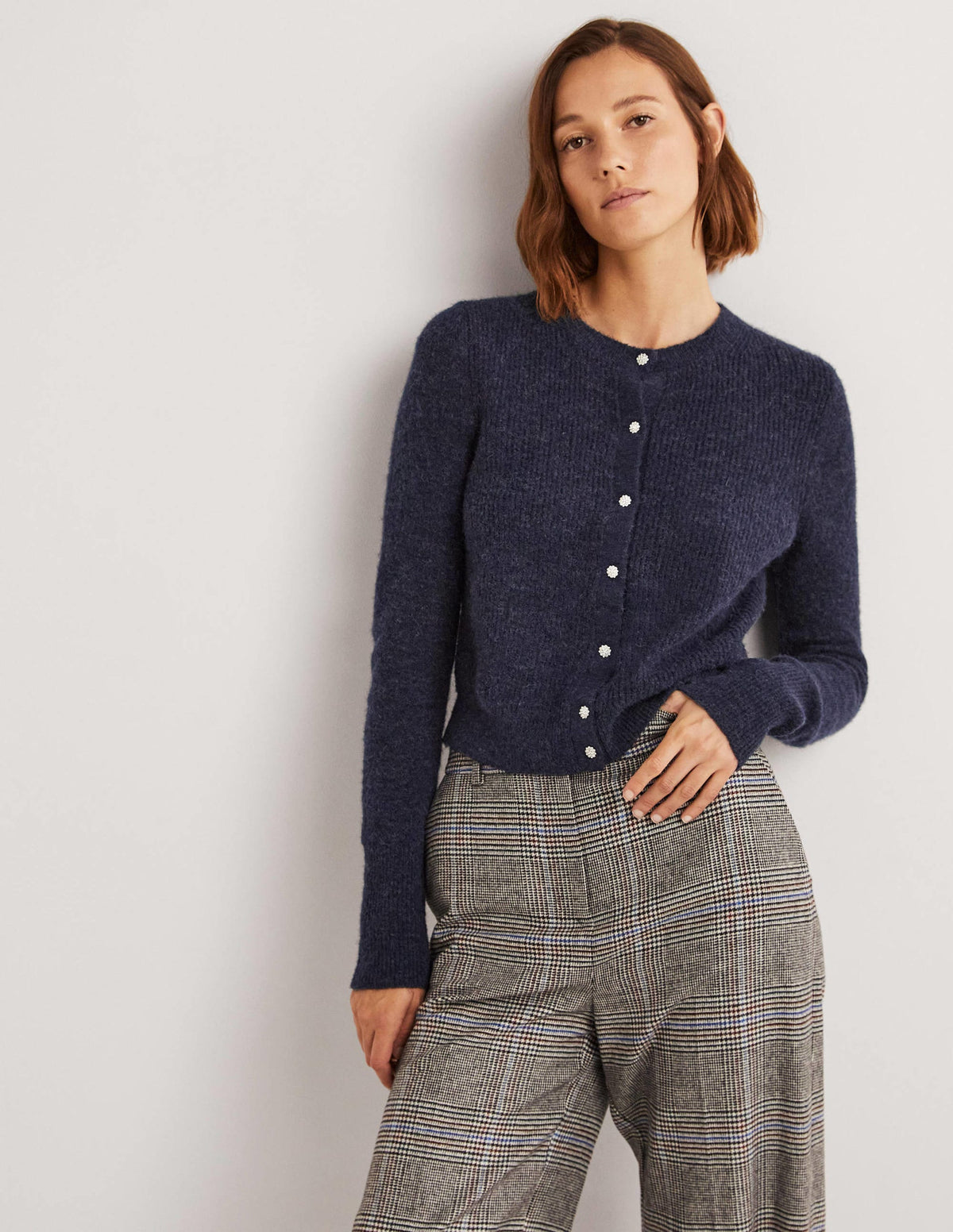 Navy Jewel Button Fluffy Cardigan-Navy - Image 4
