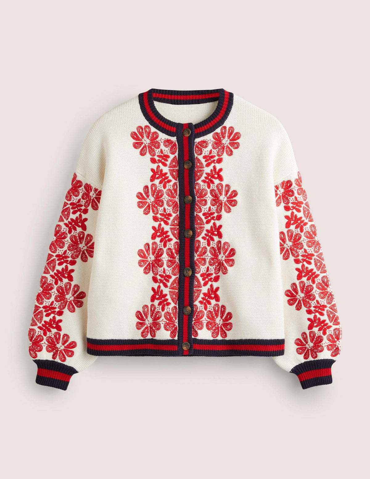 Knitted Bomber Jacket-Ivory, Red Embroidered-8