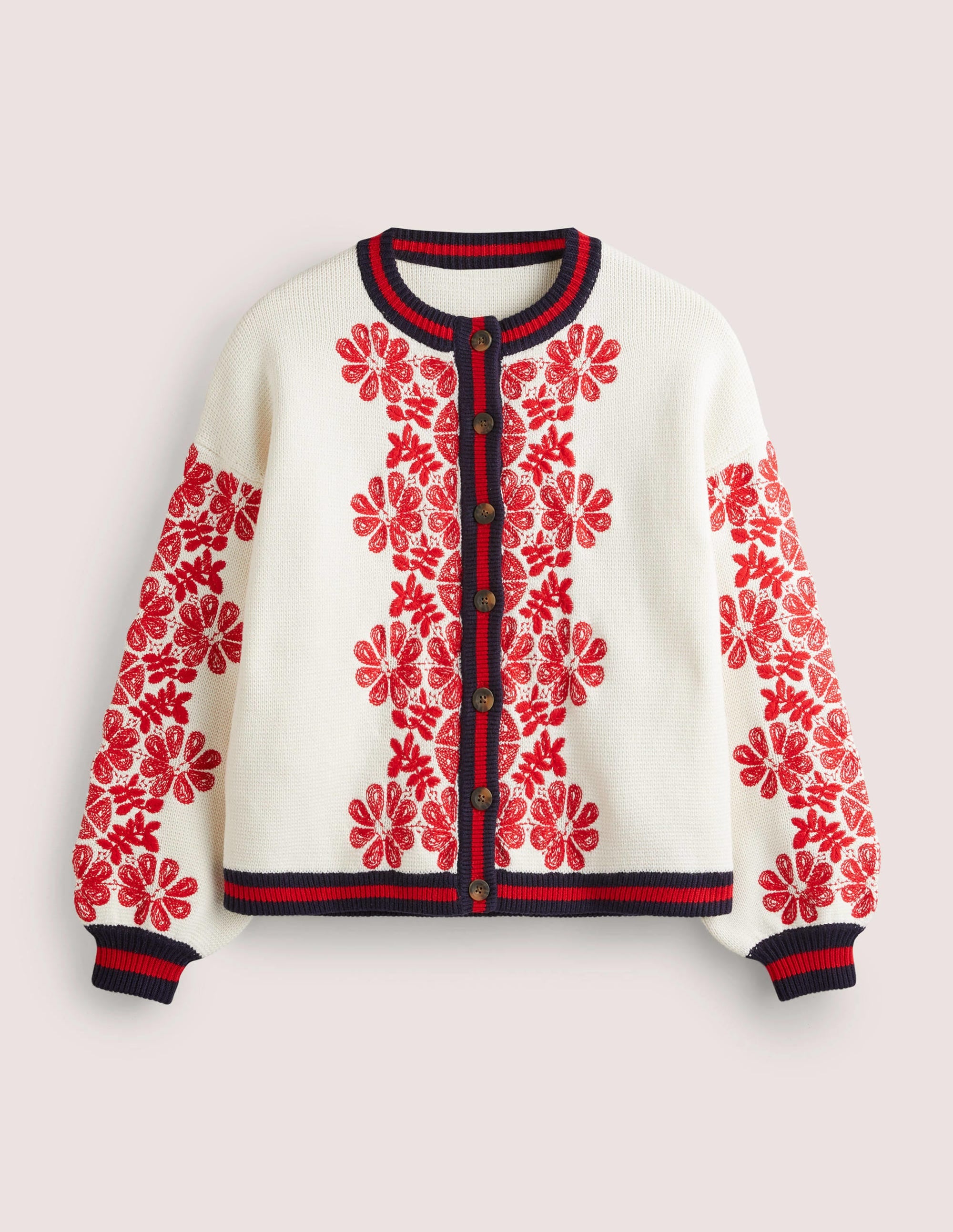 Knitted Bomber Jacket-Ivory, Red Embroidered - Image 8