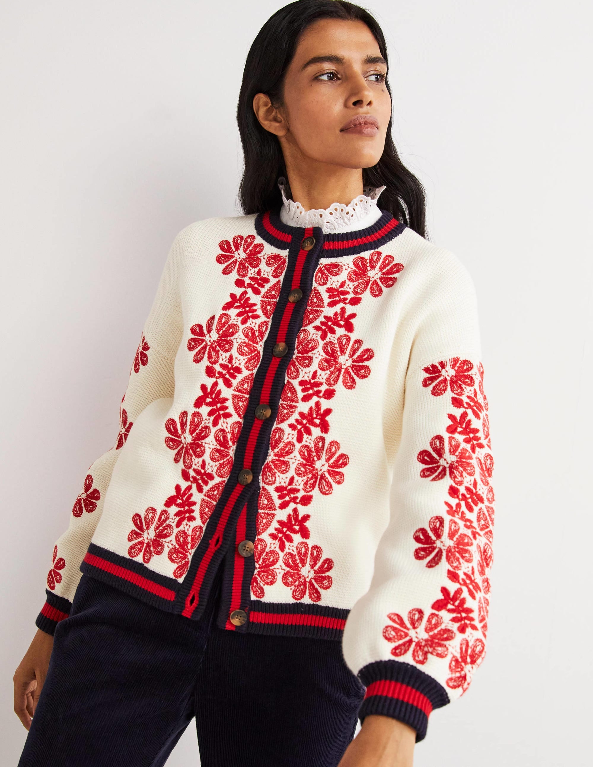 Knitted Bomber Jacket-Ivory, Red Embroidered - Image 1