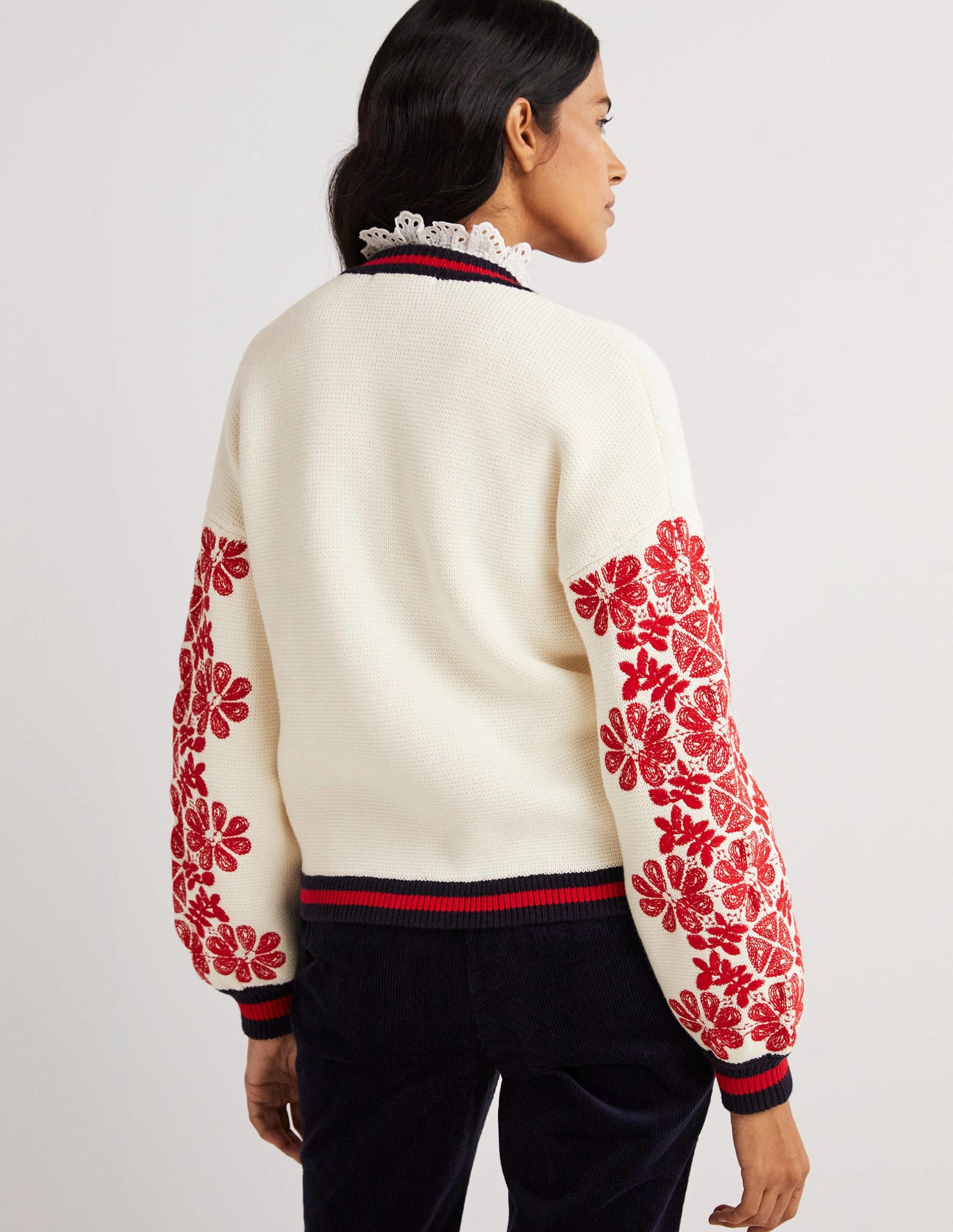 Knitted Bomber Jacket-Ivory, Red Embroidered-3