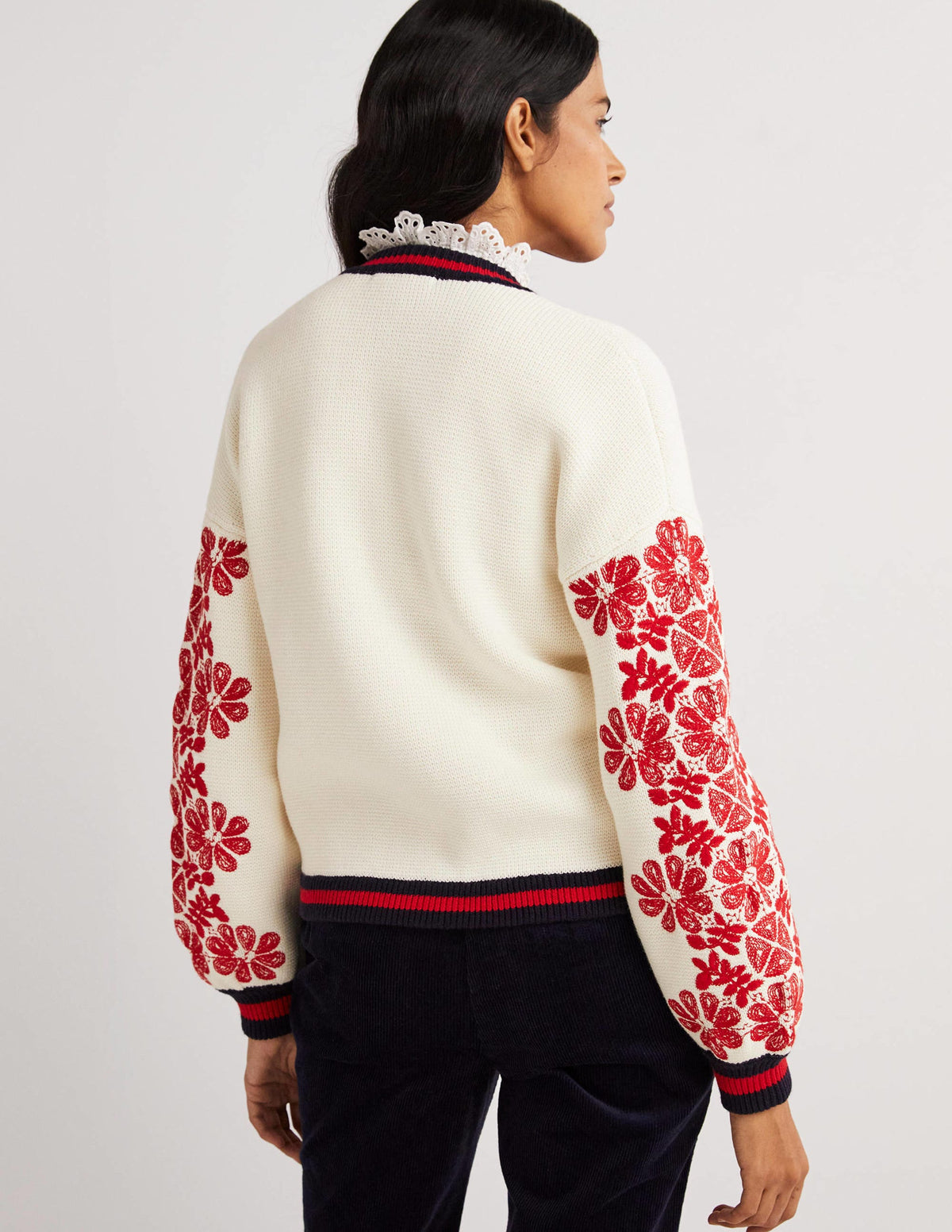 Knitted Bomber Jacket-Ivory, Red Embroidered - Image 3