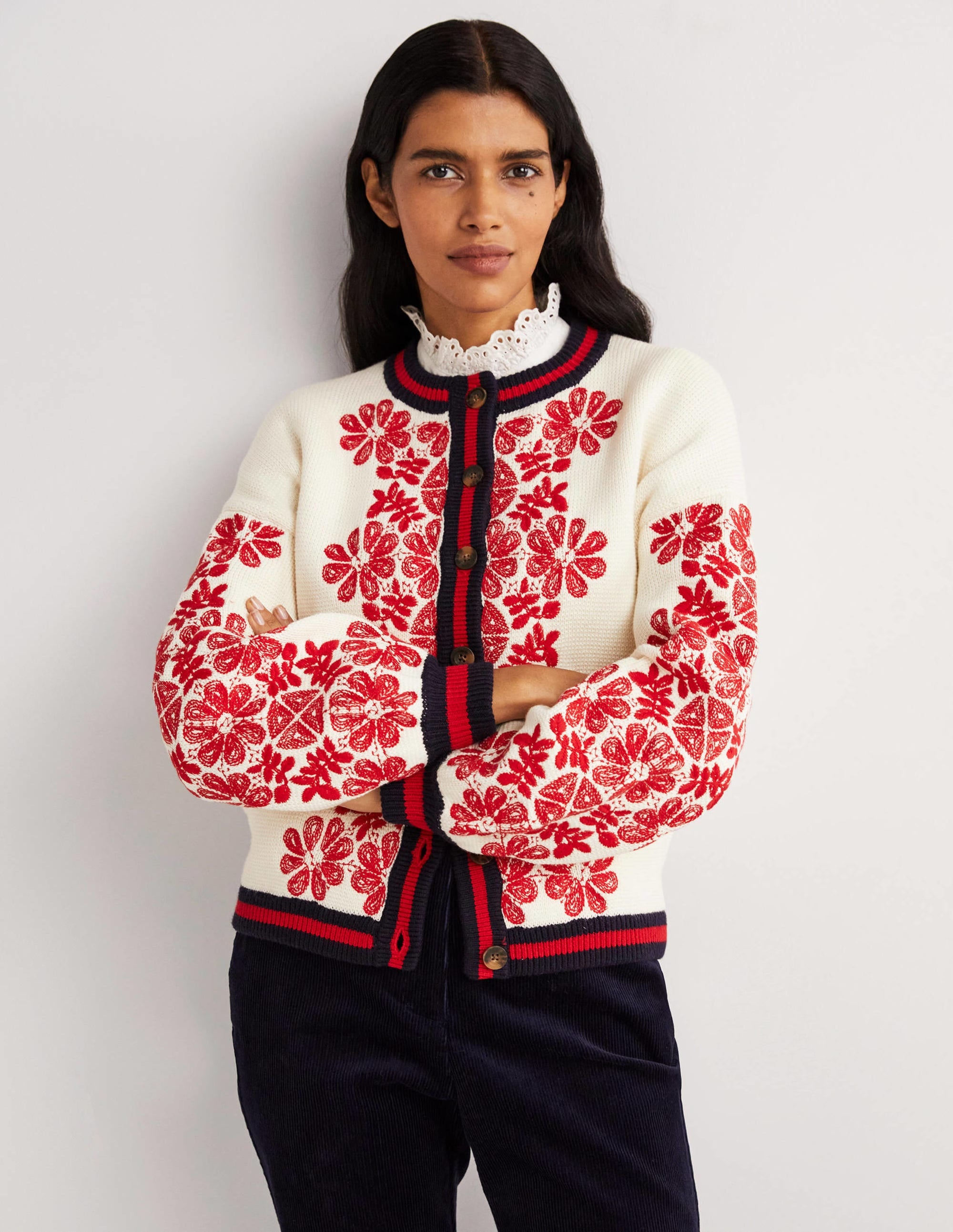 Knitted Bomber Jacket-Ivory, Red Embroidered - Image 4